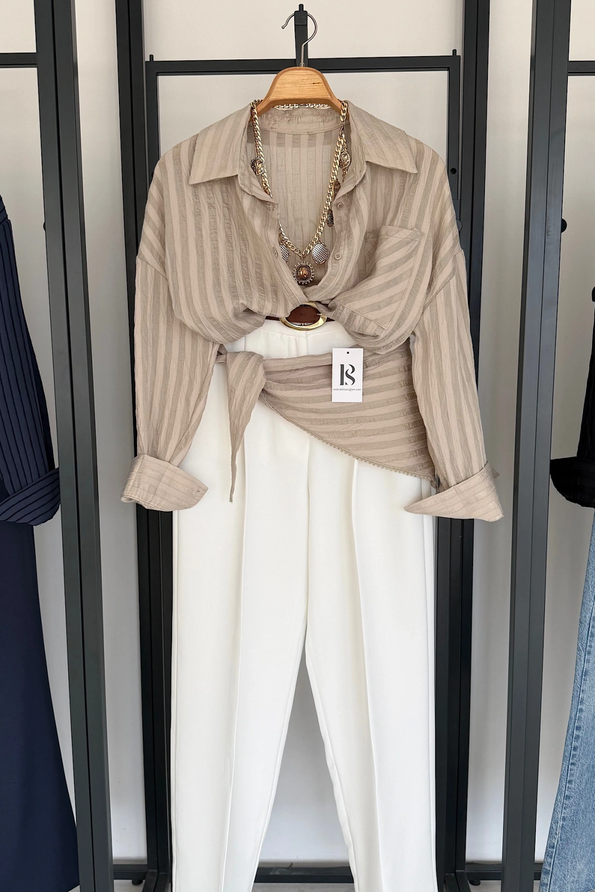 Bağlama Detaylı Çizgili Gömlek Taş