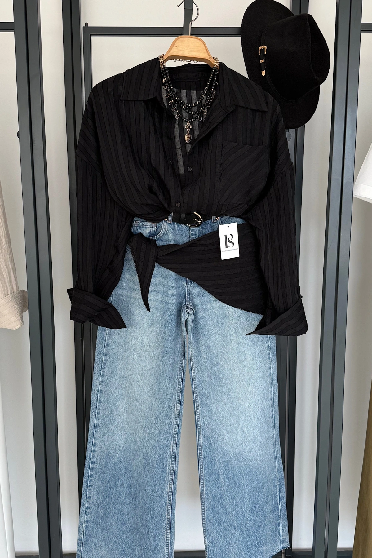 Bağlama Detaylı Çizgili Gömlek Siyah