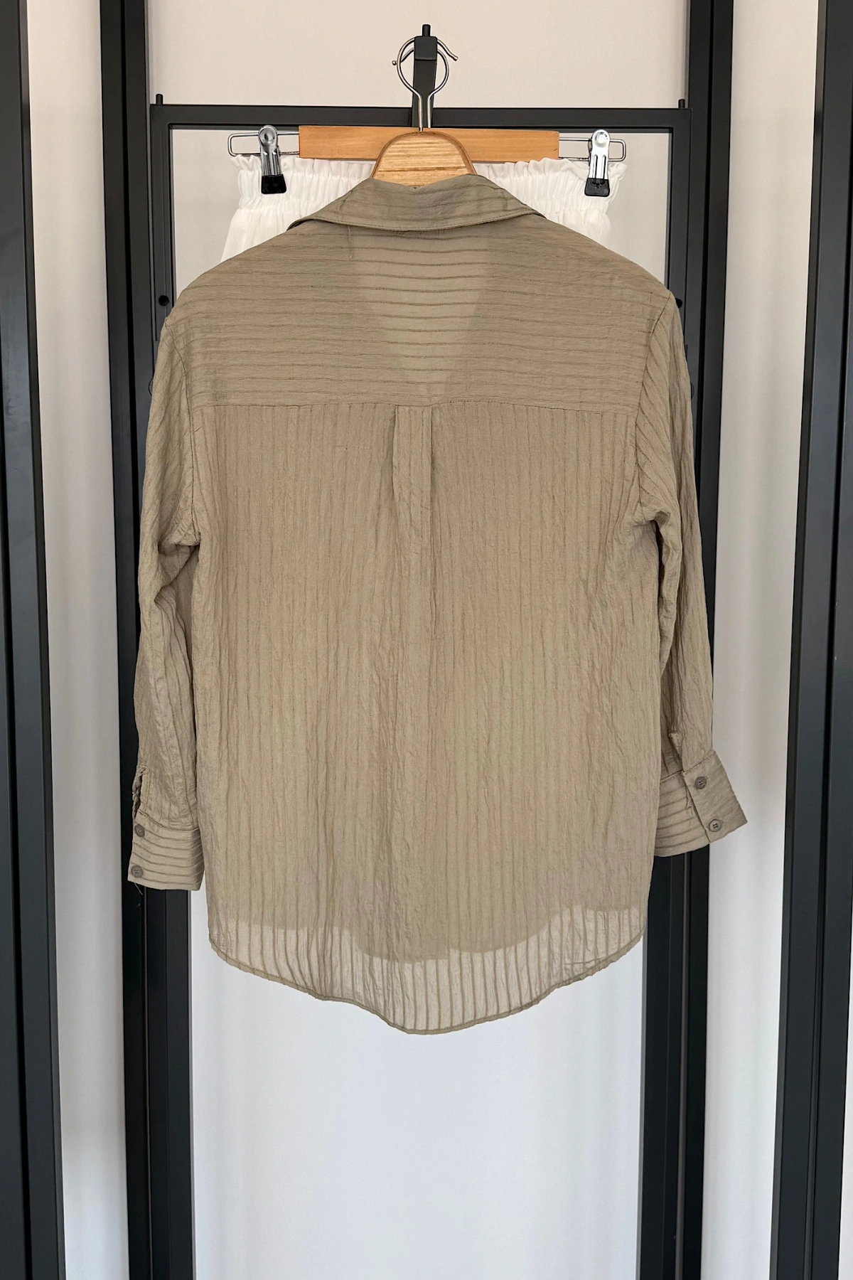 Kendinden İnce Çizgili Gömlek Su Yeşili