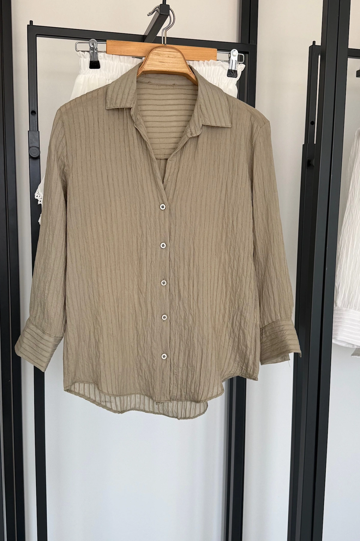 Kendinden İnce Çizgili Gömlek Su Yeşili