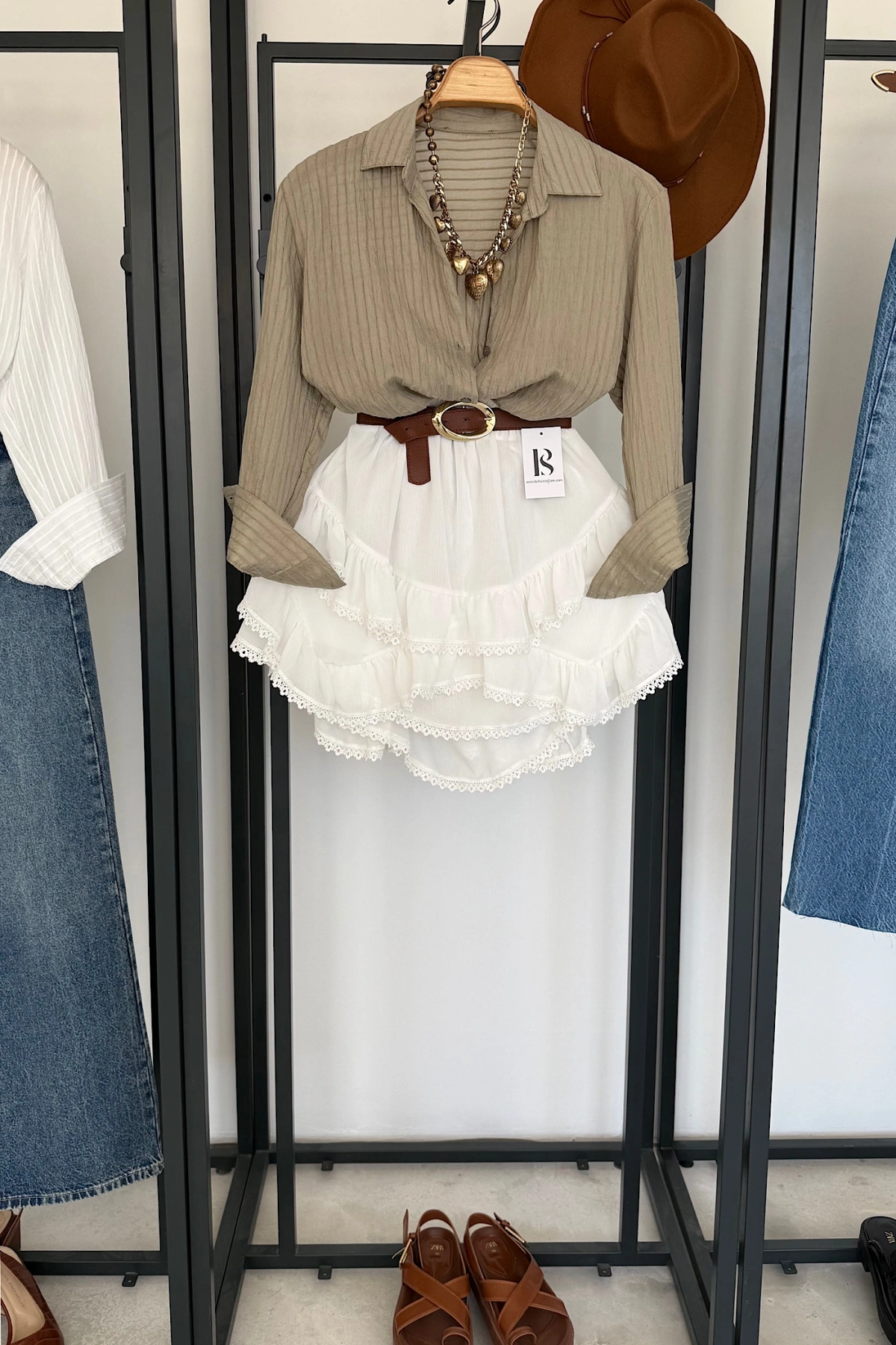 Kendinden İnce Çizgili Gömlek Su Yeşili