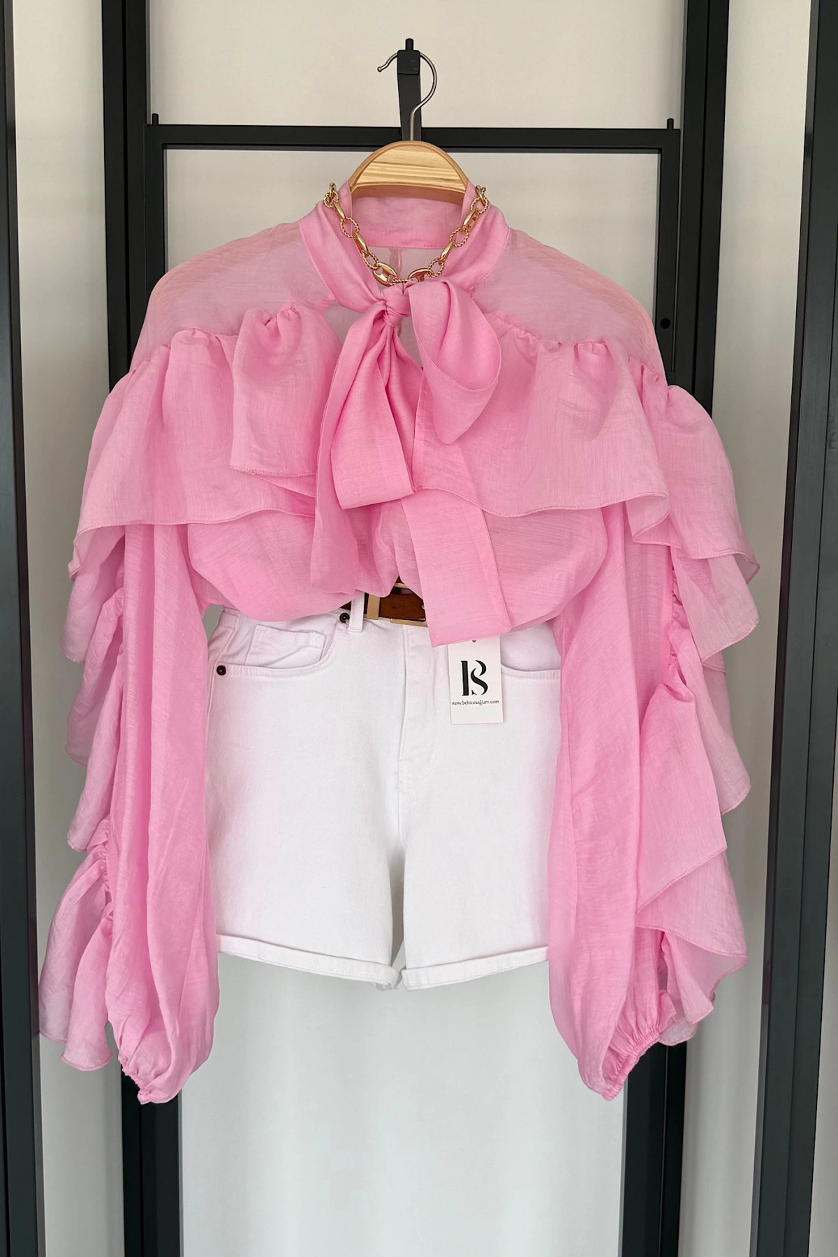 Fular Yaka Romantik Kesim Gömlek Pembe