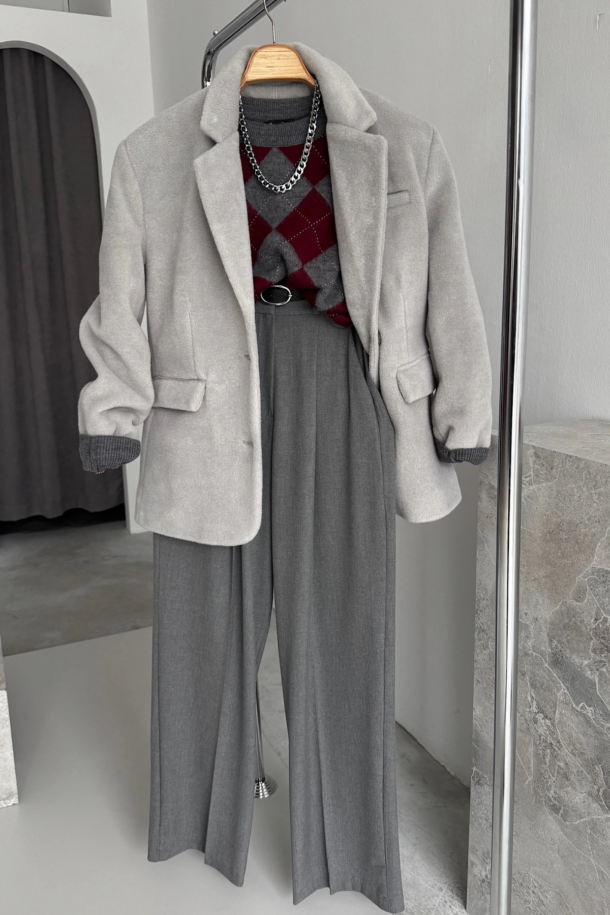 Angora Tüylü Oversize Ceket Gri