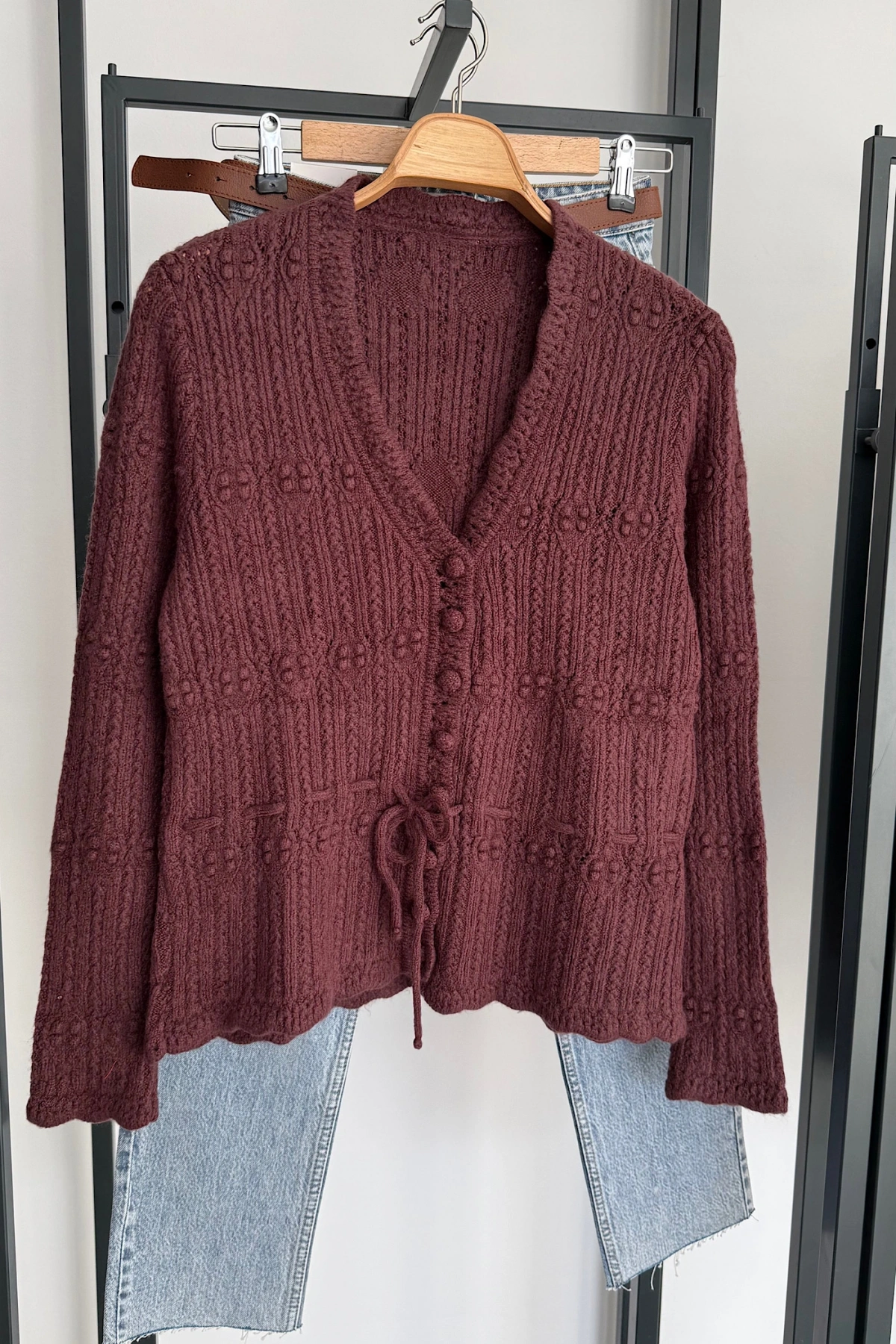 Bağcık Bağlamalı Hırka Mürdüm