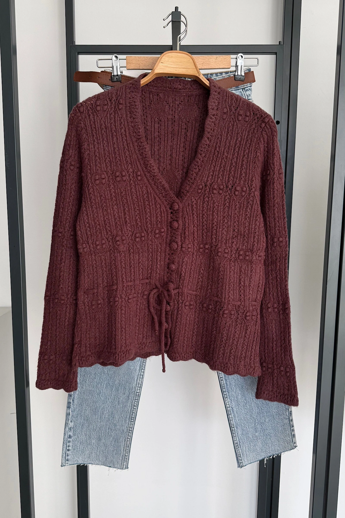 Bağcık Bağlamalı Hırka Mürdüm