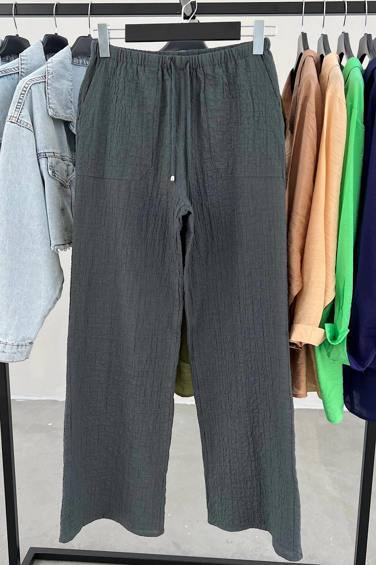 Bağçıklı Bürümcük Pantolon Füme