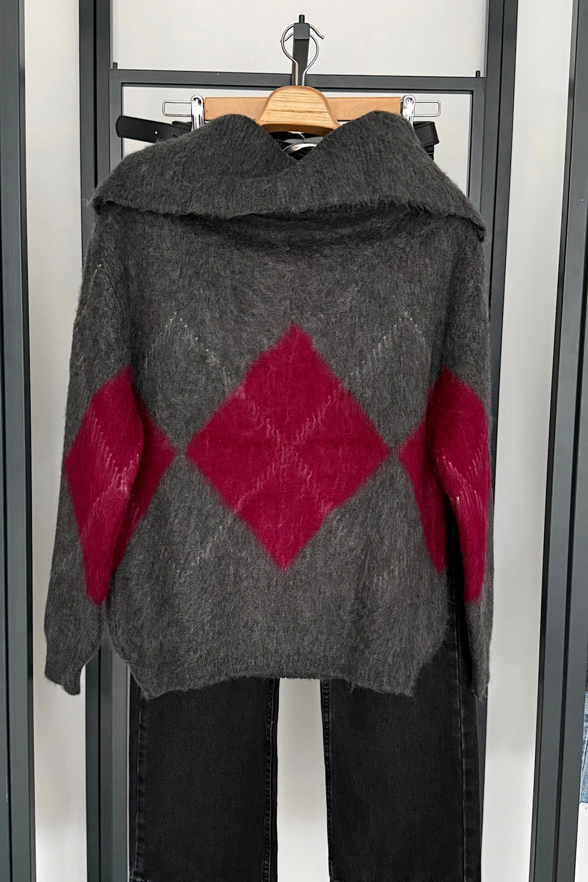 Baklava Desen Madonna Yaka Kazak Antrasit