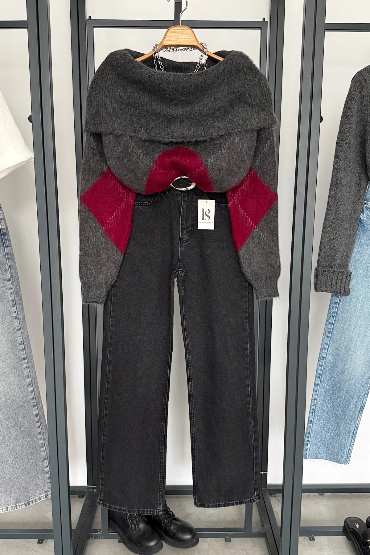 Baklava Desen Madonna Yaka Kazak Antrasit