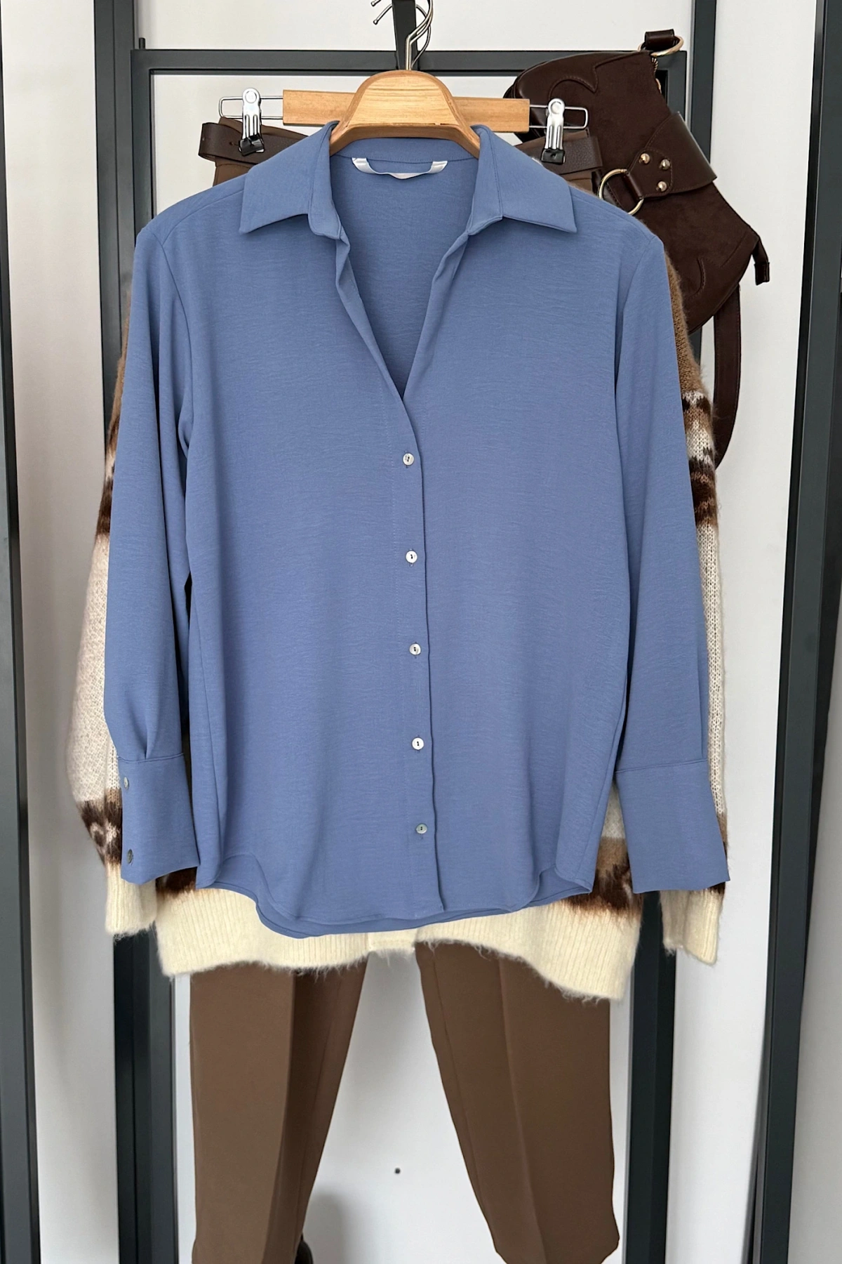 Basic Dokulu Gömlek İndigo