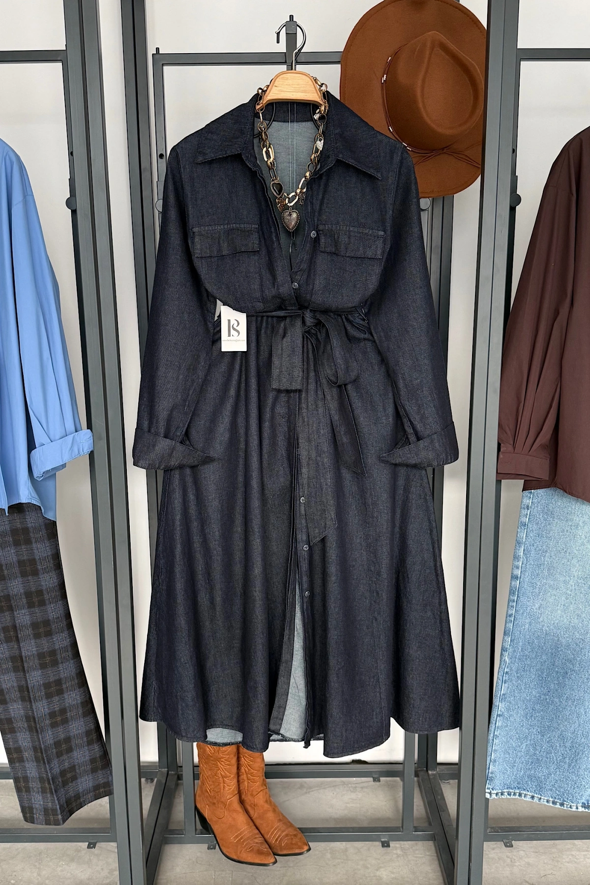 Bel Bağlamalı Denim Elbise Lacivert