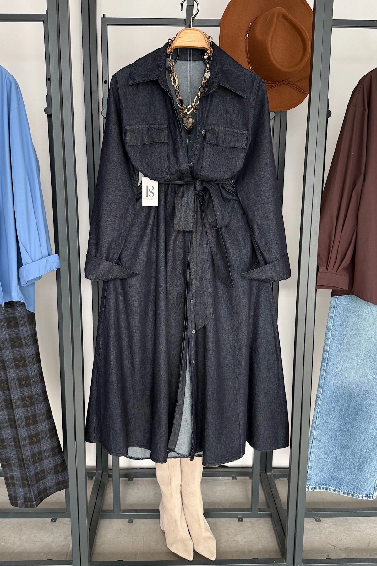 Bel Bağlamalı Denim Elbise Lacivert