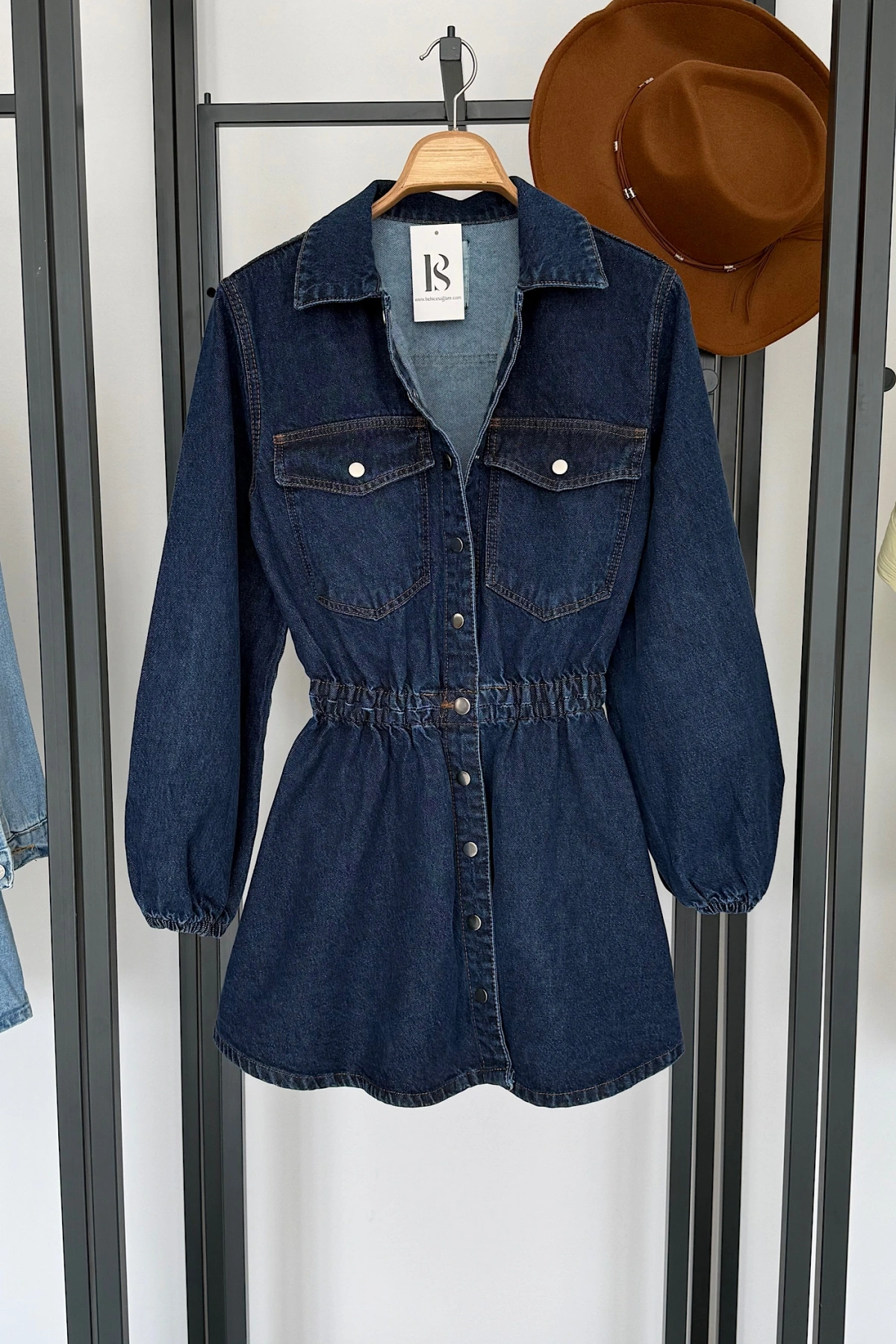 Beli Lastikli Denim Elbise Lacivert