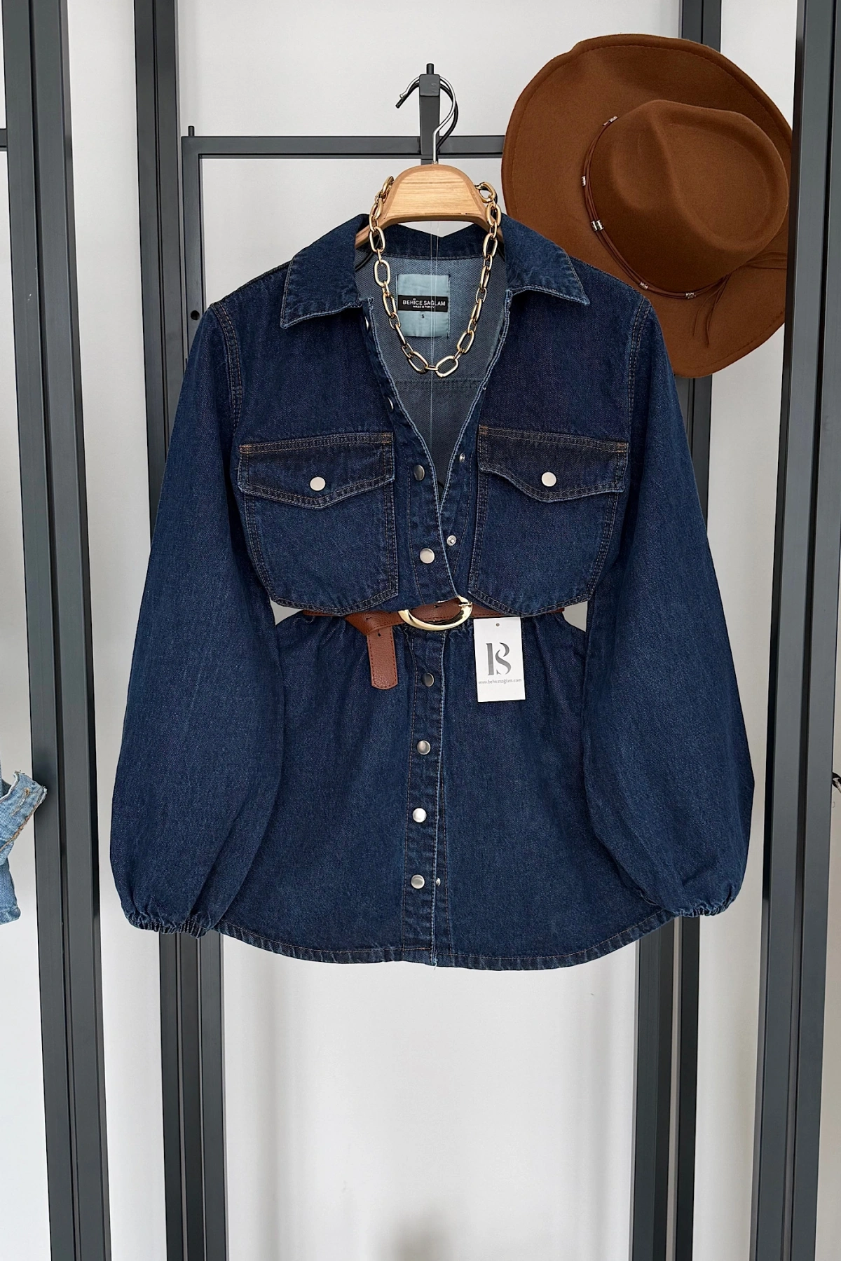 Beli Lastikli Denim Elbise Lacivert