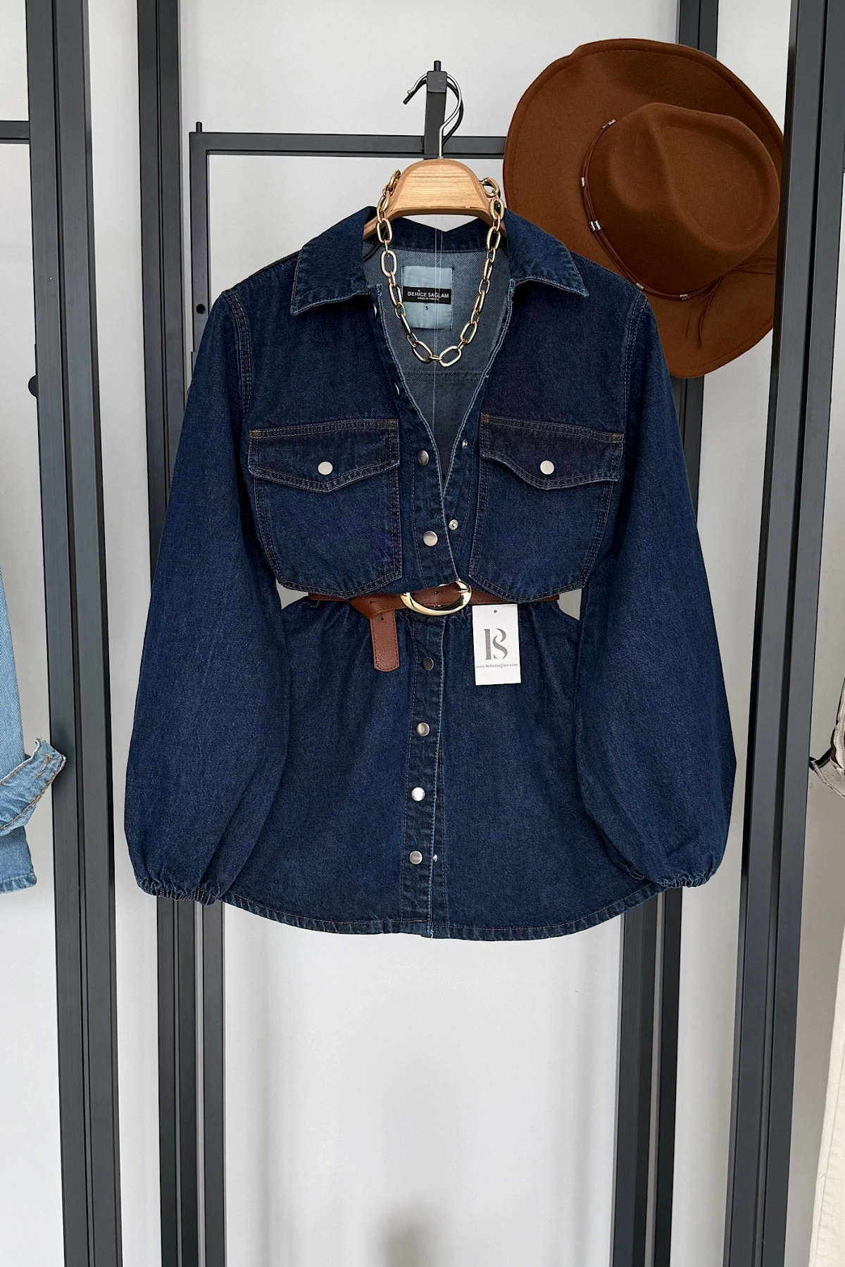 Beli Lastikli Denim Elbise Lacivert