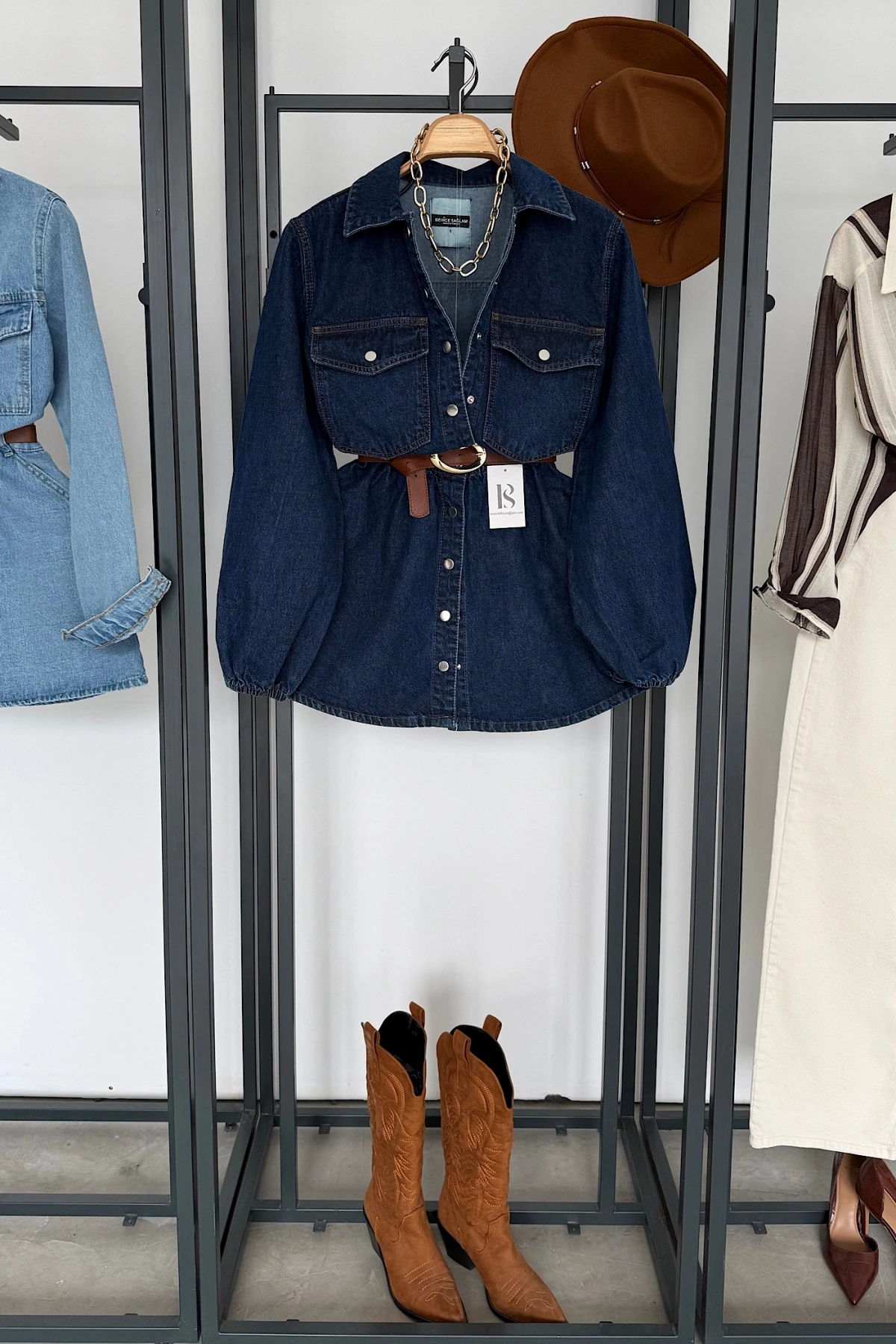 Beli Lastikli Denim Elbise Lacivert