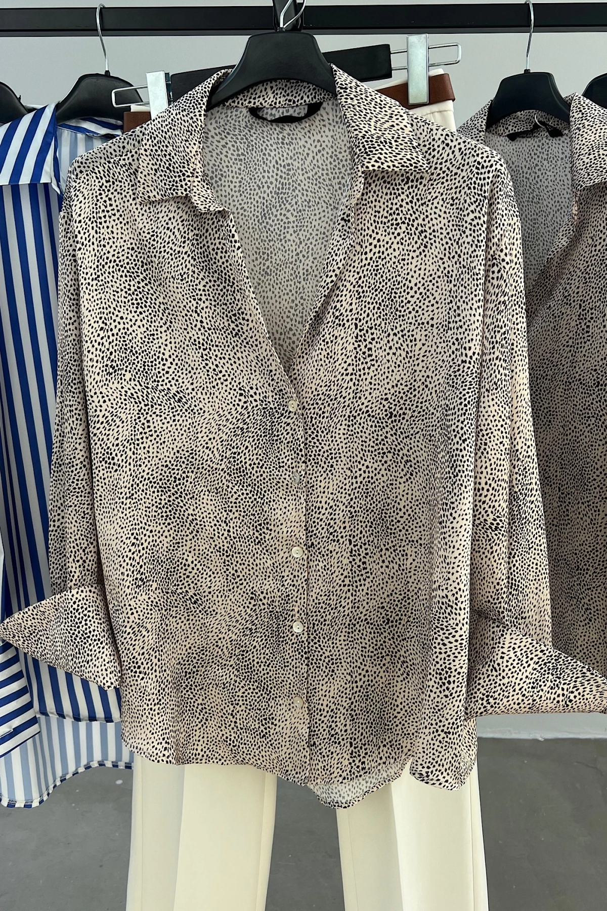 Spotted Leopard V-Neck Satin Shirt