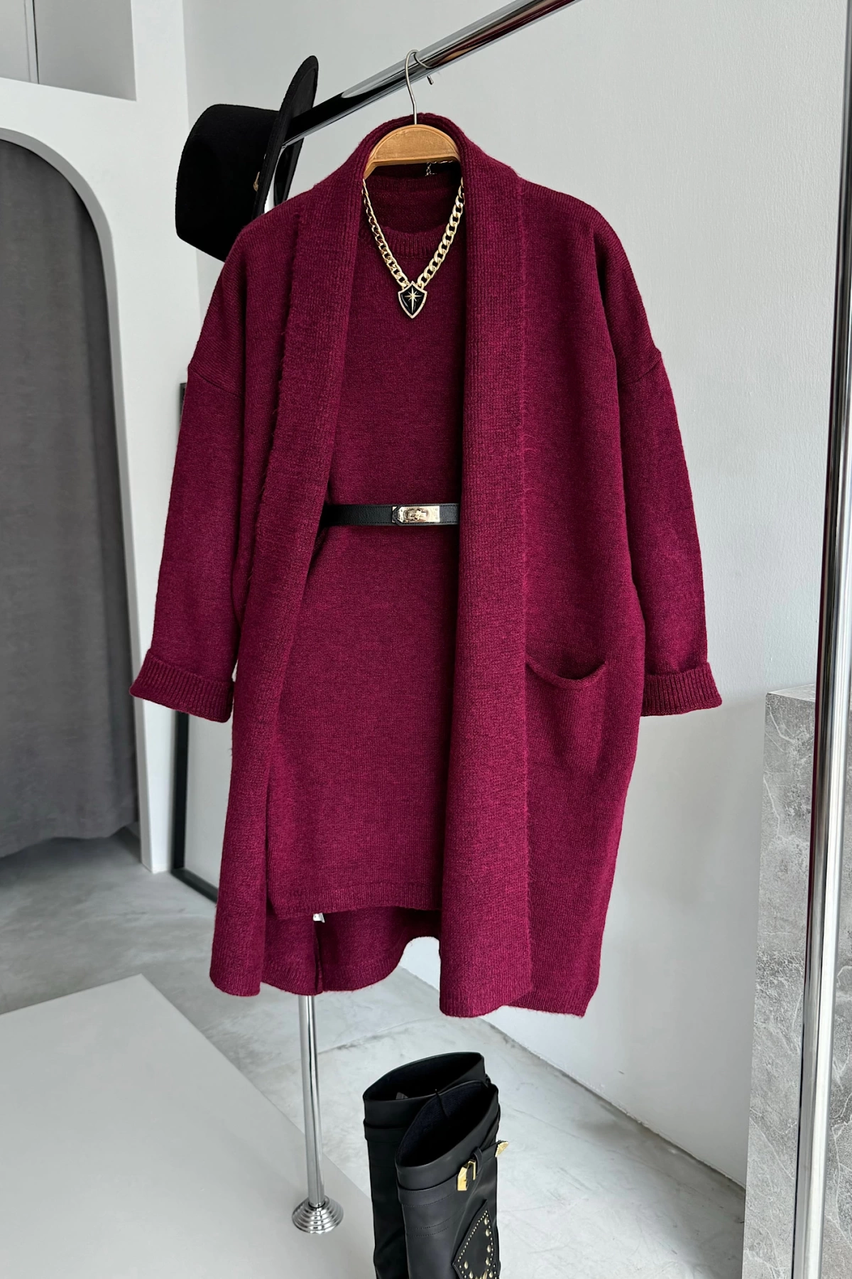 Bisiklet Yaka Elbise Oversize Hırka Takım Bordo