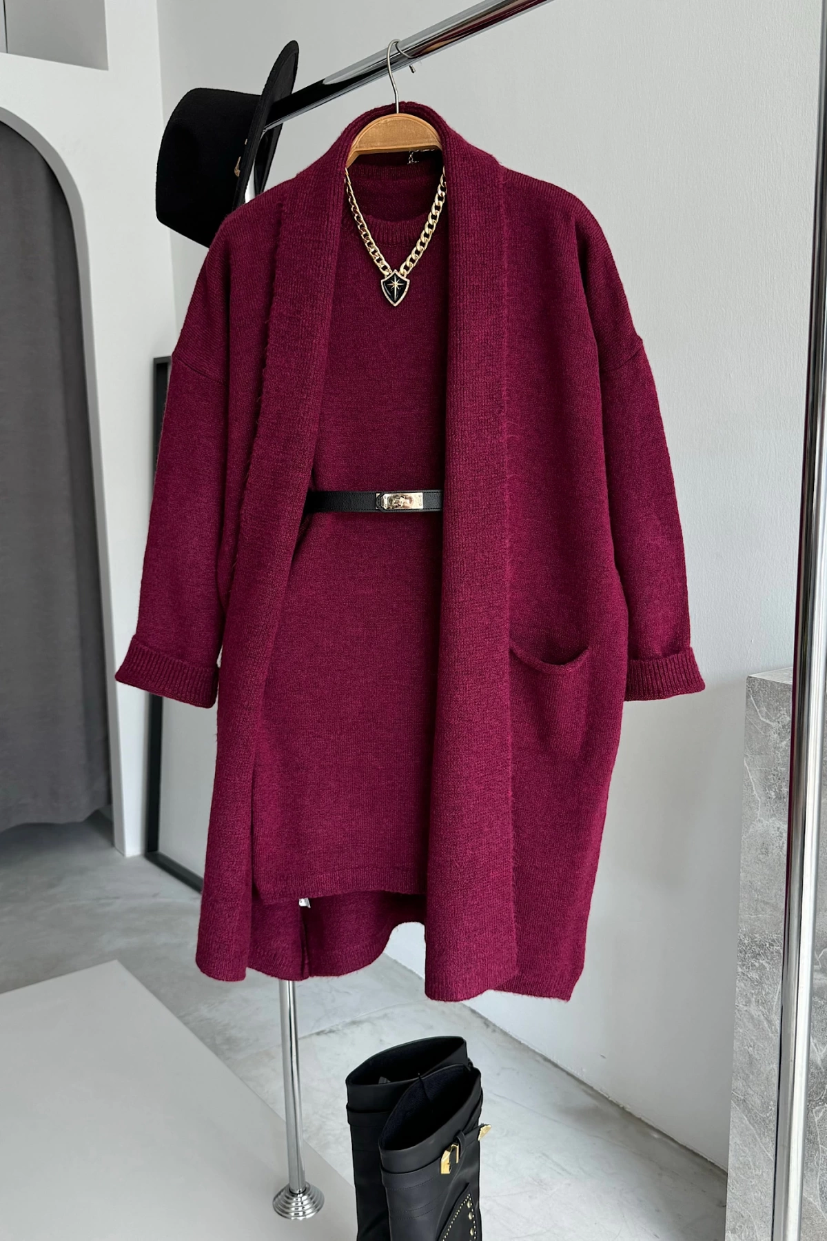 Bisiklet Yaka Elbise Oversize Hırka Takım Bordo