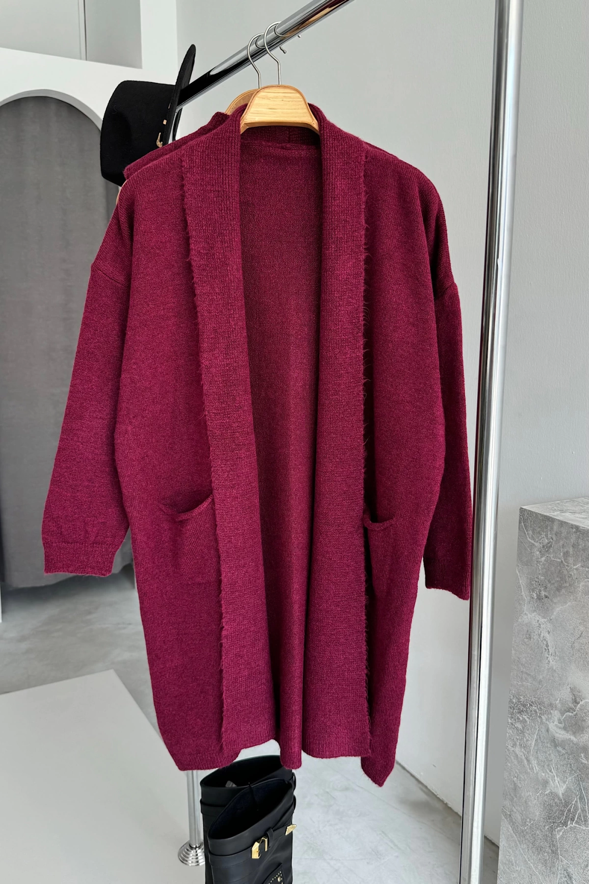 Bisiklet Yaka Elbise Oversize Hırka Takım Bordo