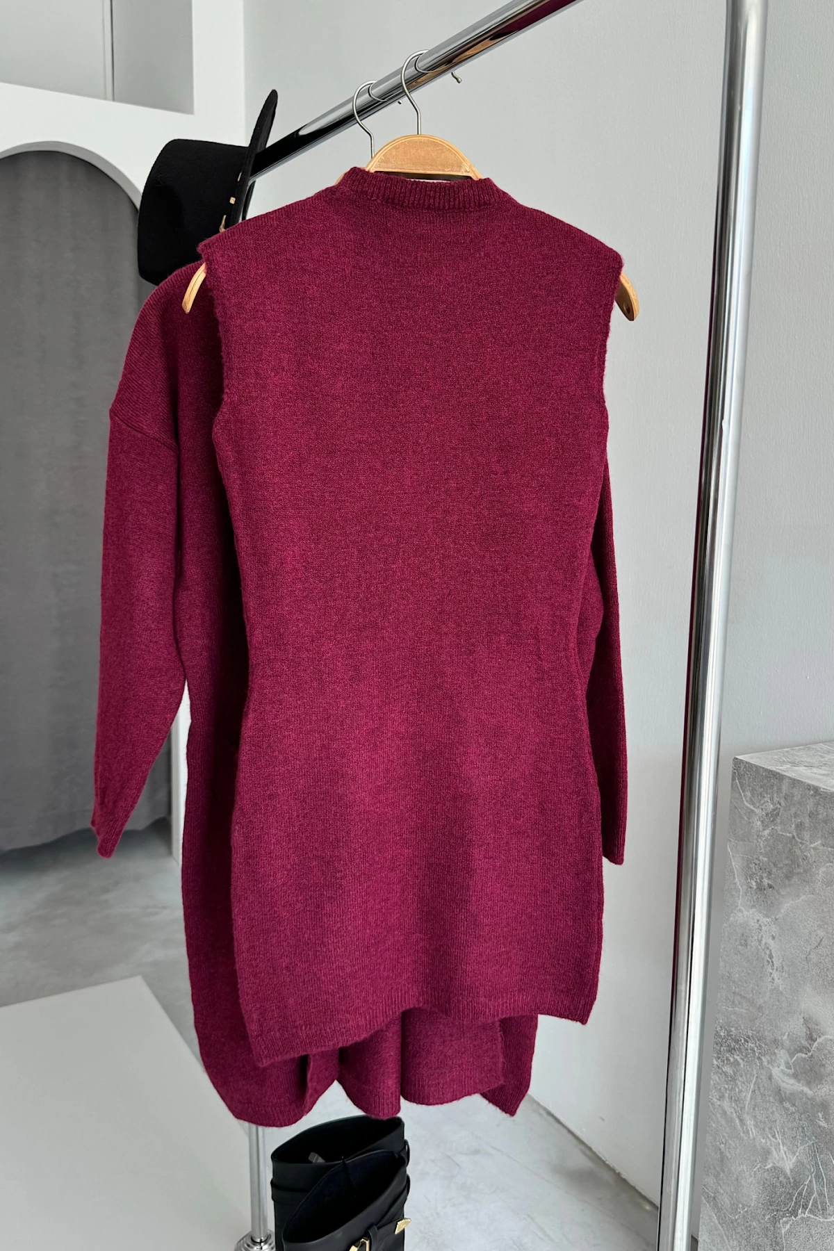 Bisiklet Yaka Elbise Oversize Hırka Takım Bordo