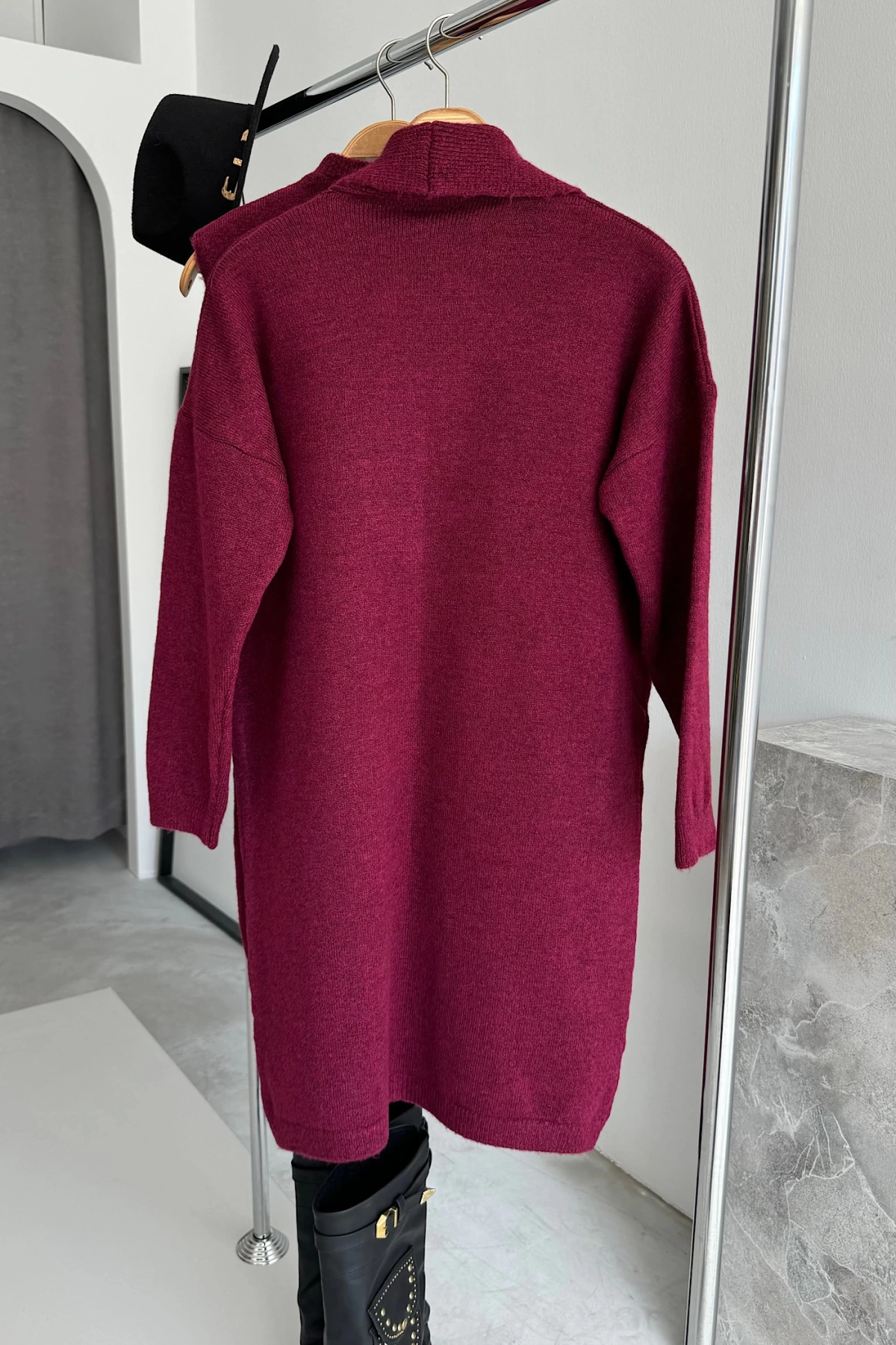 Bisiklet Yaka Elbise Oversize Hırka Takım Bordo