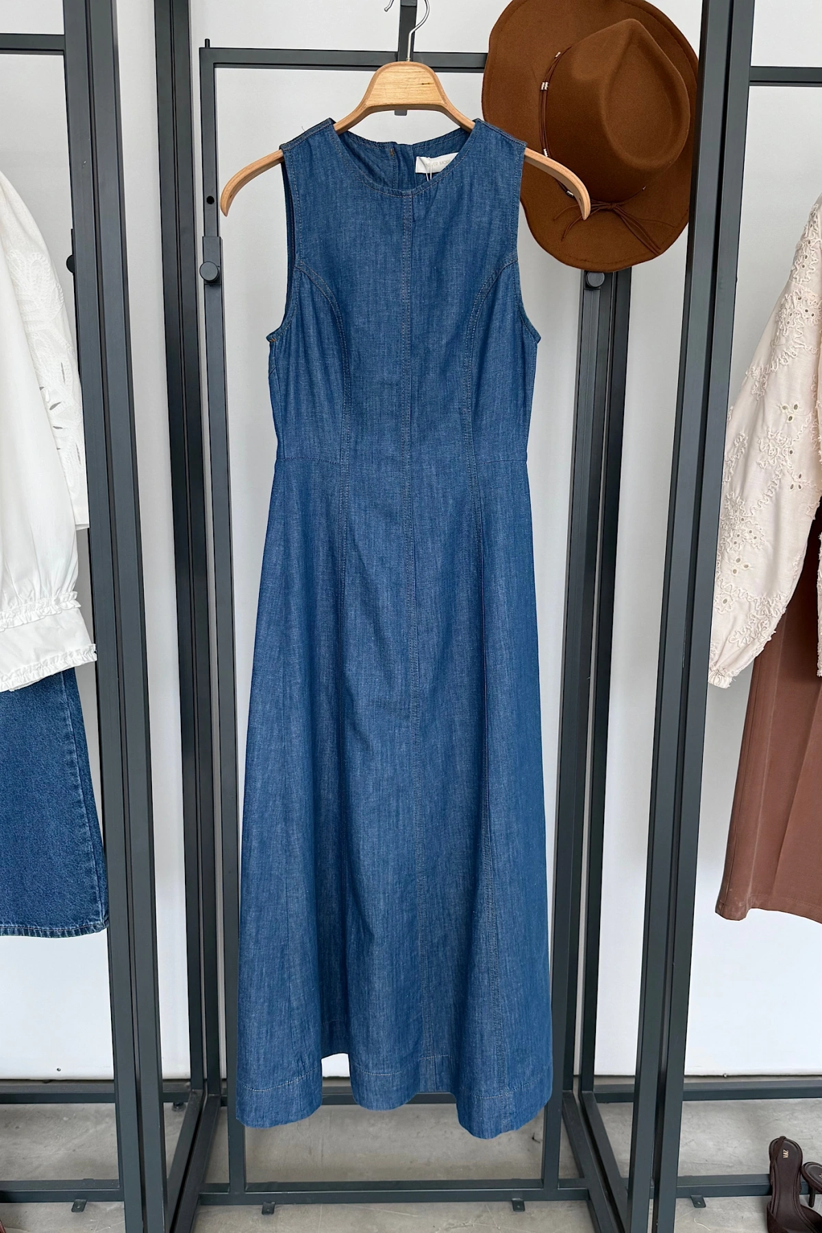 Bisiklet Yaka Kolsuz Premium Uzun Kot Elbise Mavi