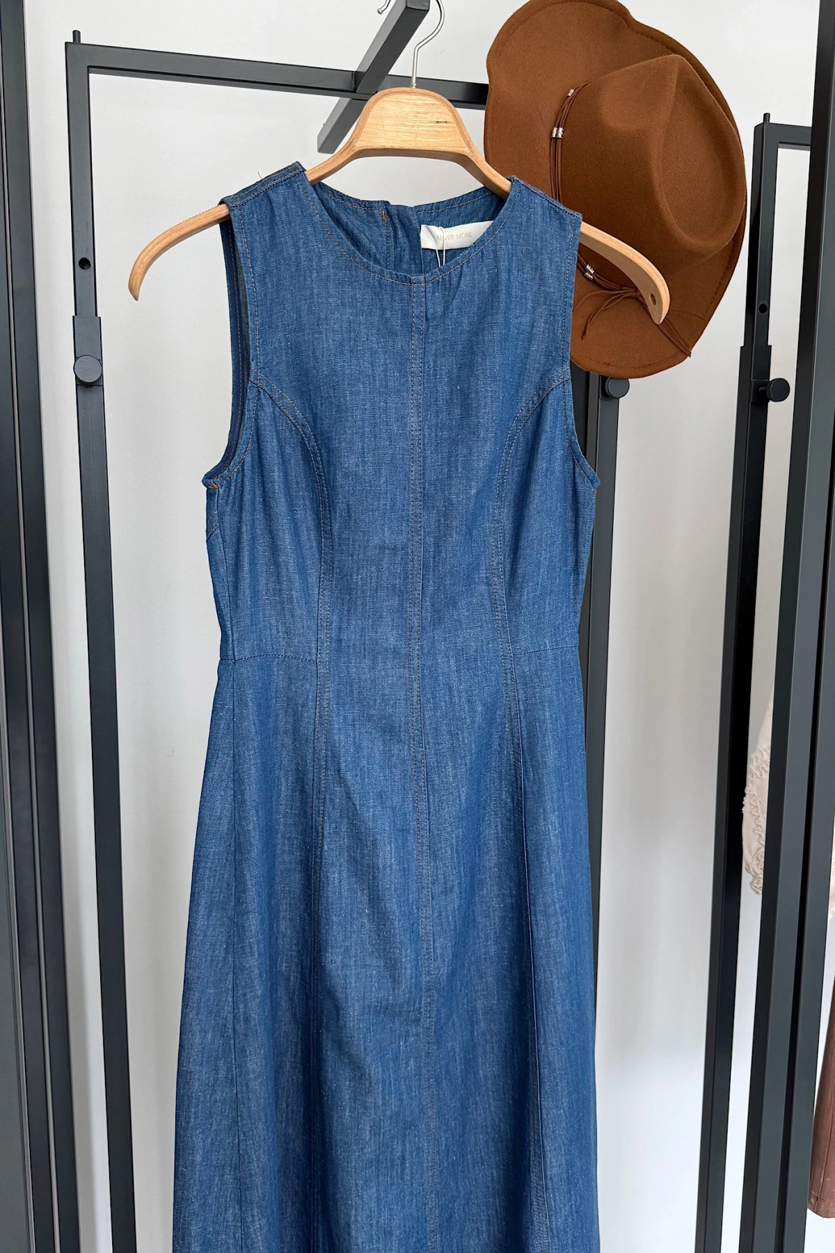 Bisiklet Yaka Kolsuz Premium Uzun Kot Elbise Mavi