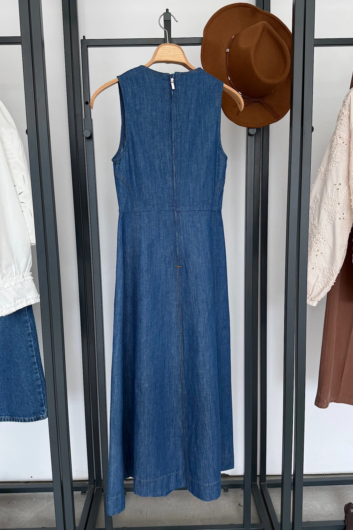 Bisiklet Yaka Kolsuz Premium Uzun Kot Elbise Mavi