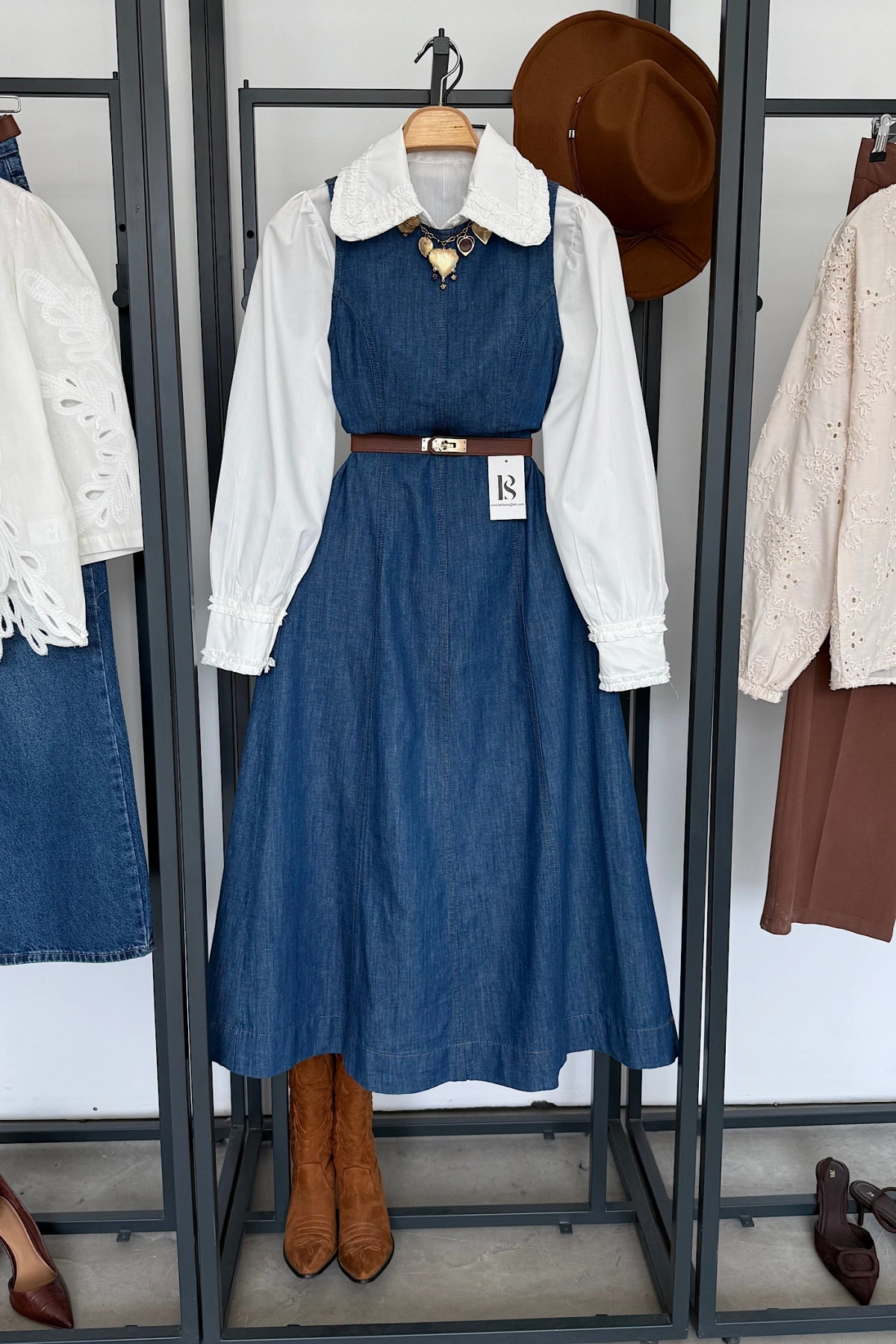 Bisiklet Yaka Kolsuz Premium Uzun Kot Elbise Mavi