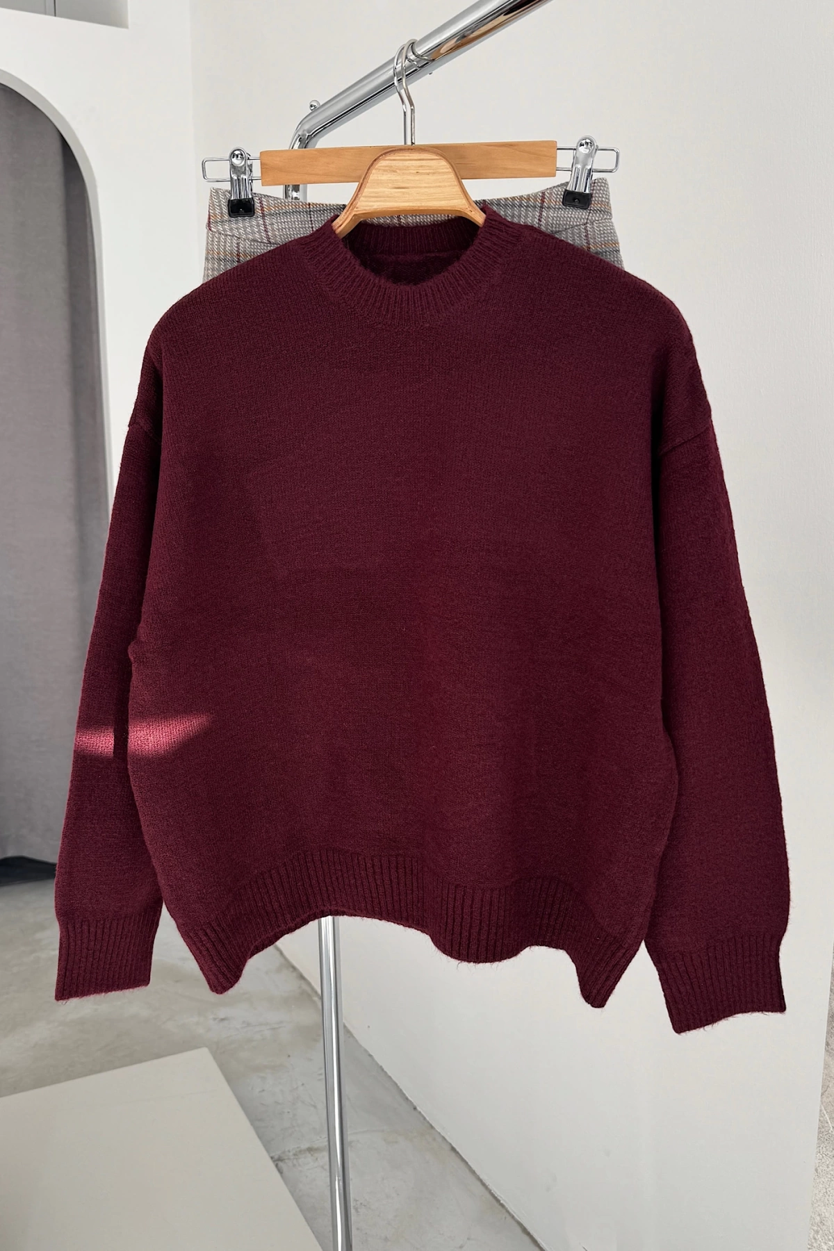 Bisiklet Yaka Oversize Kazak Bordo