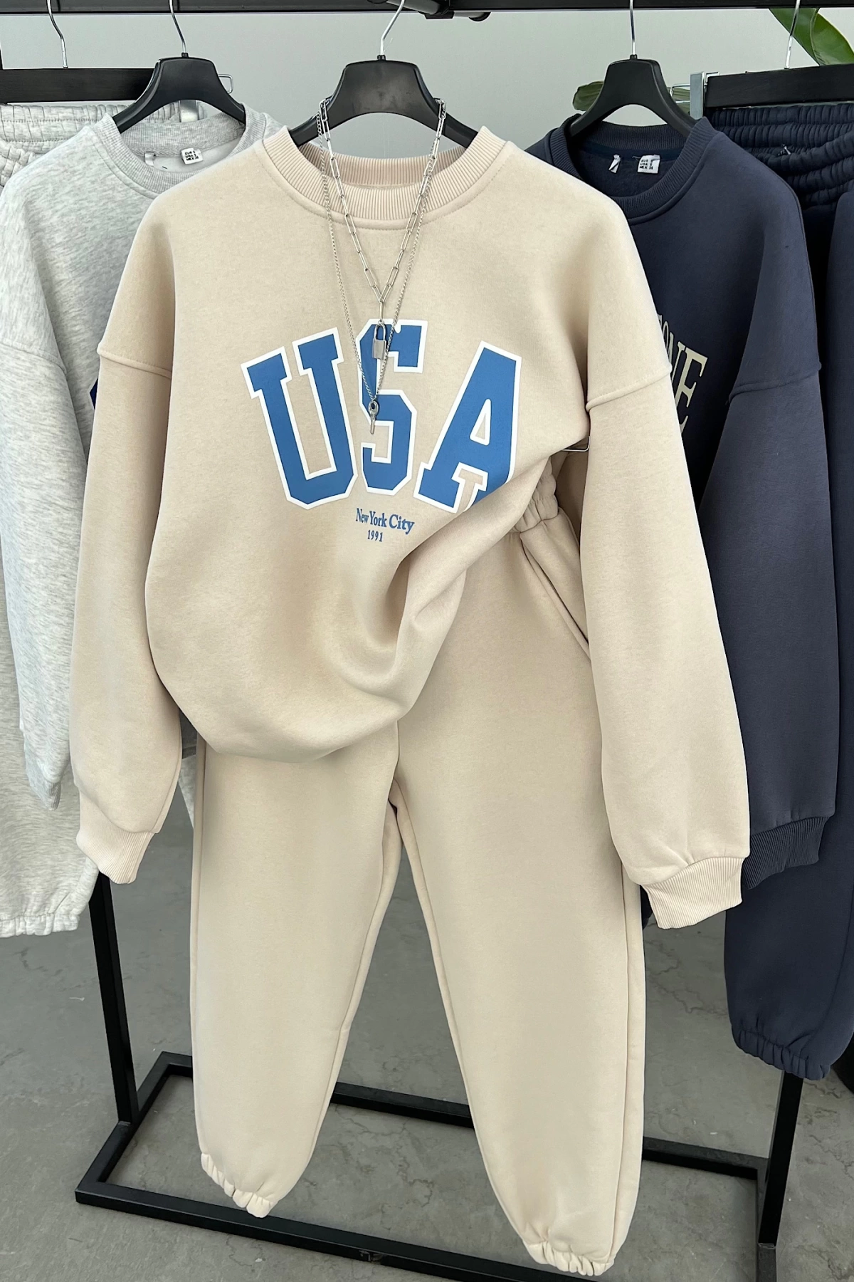 Bisiklet Yaka Oversize Takım Bej