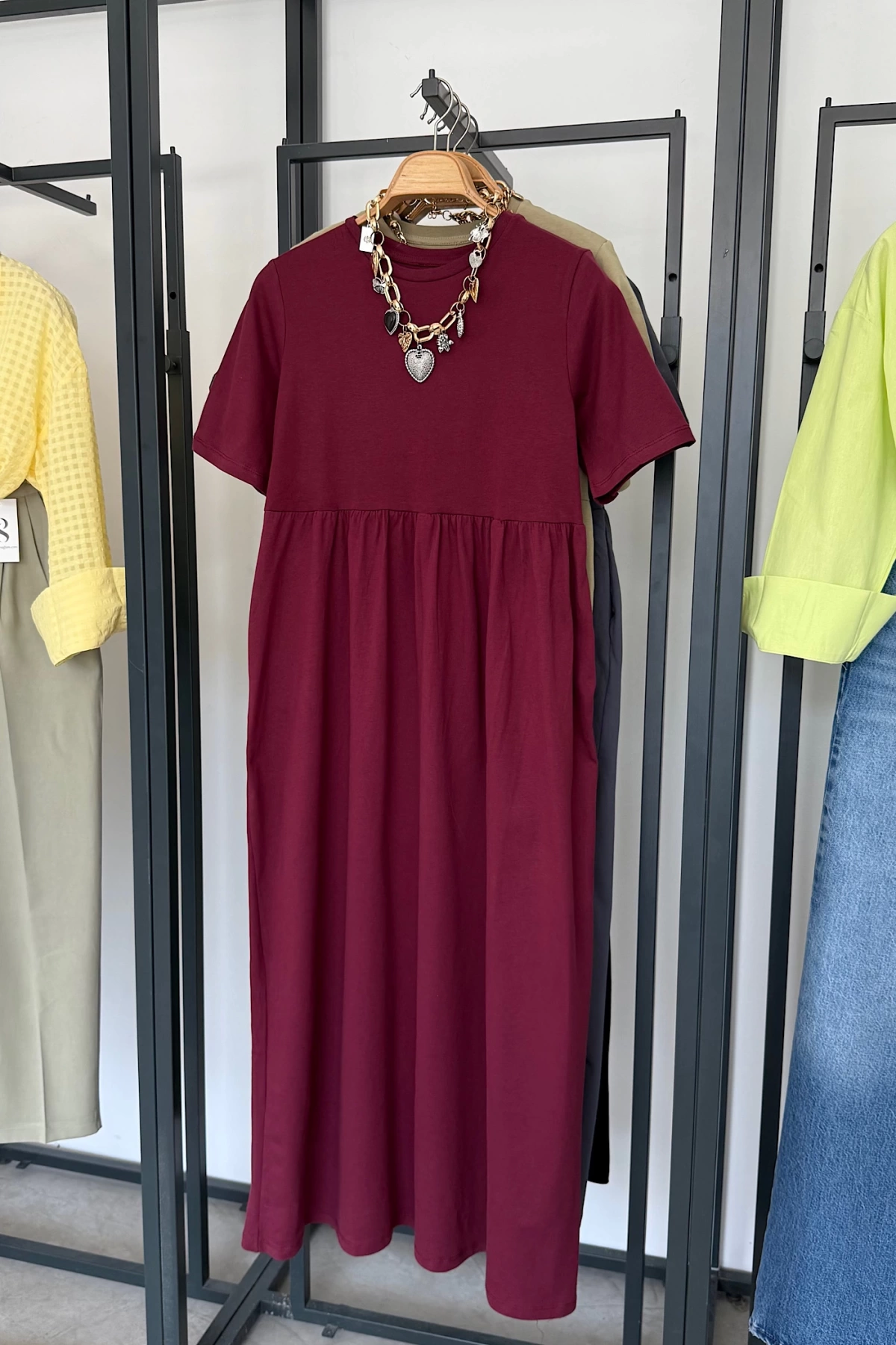Bisiklet Yaka Robalı Elbise Bordo