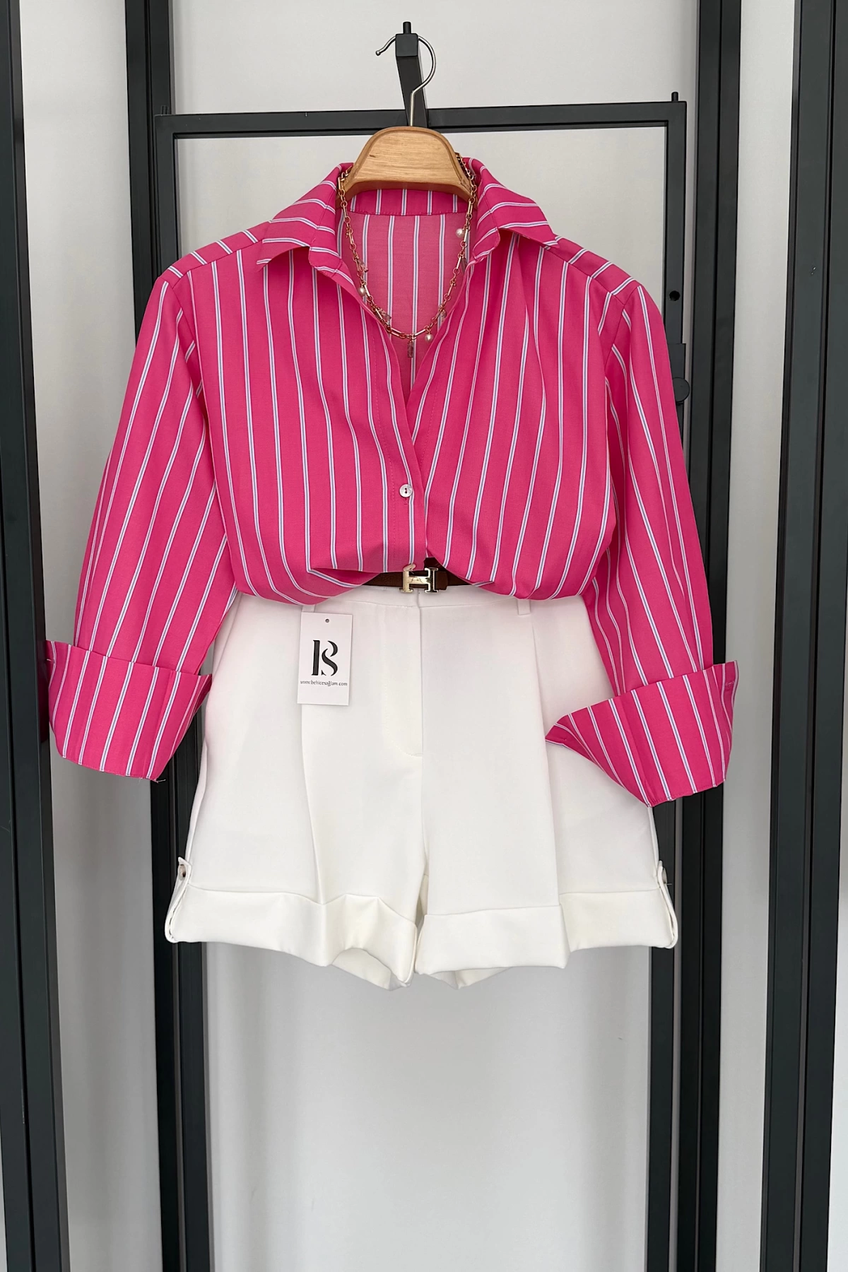 BS Collection Çizgili Basic Gömlek Pembe