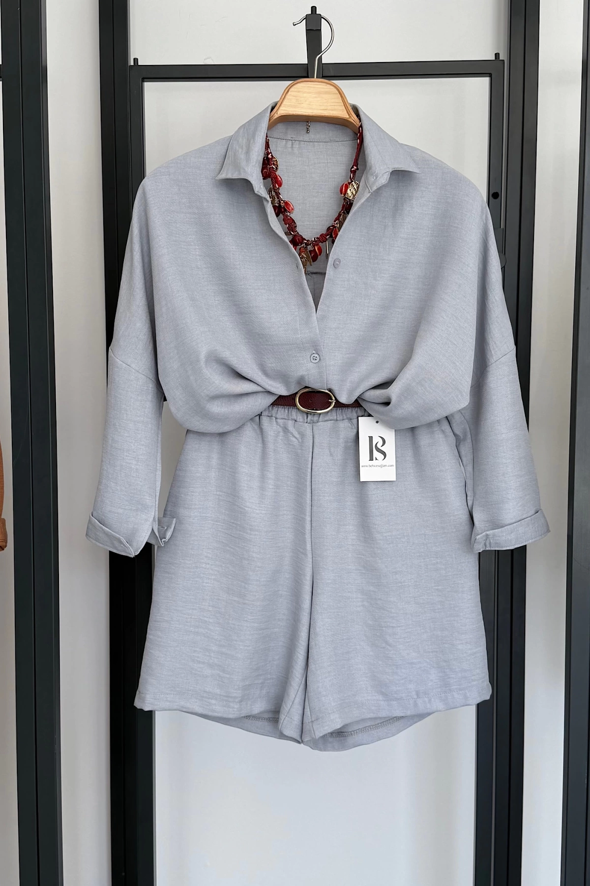 BS Collection Keten Şortlu Takım Gri