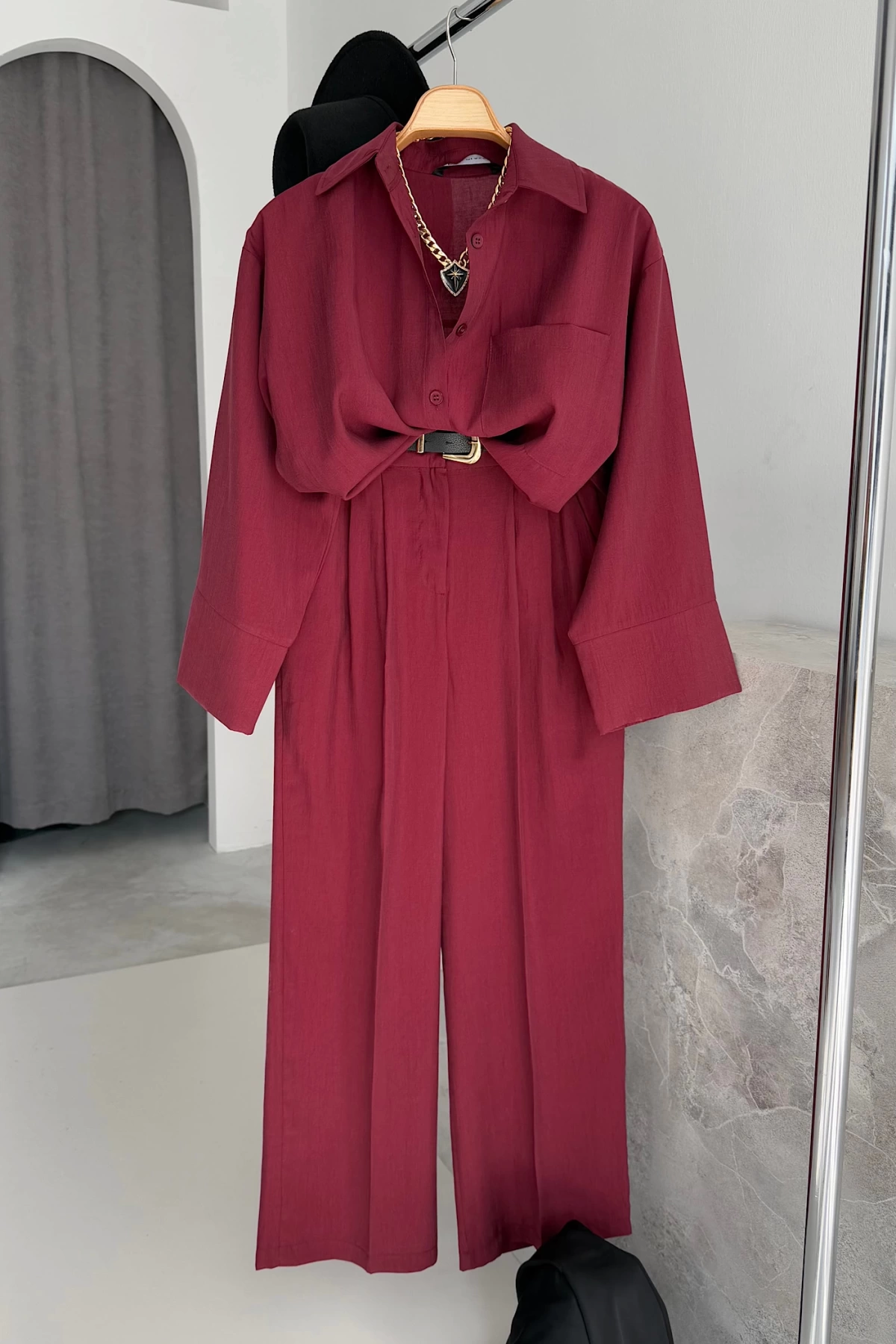 BS Collection Oversize Gömlek Takım Bordo