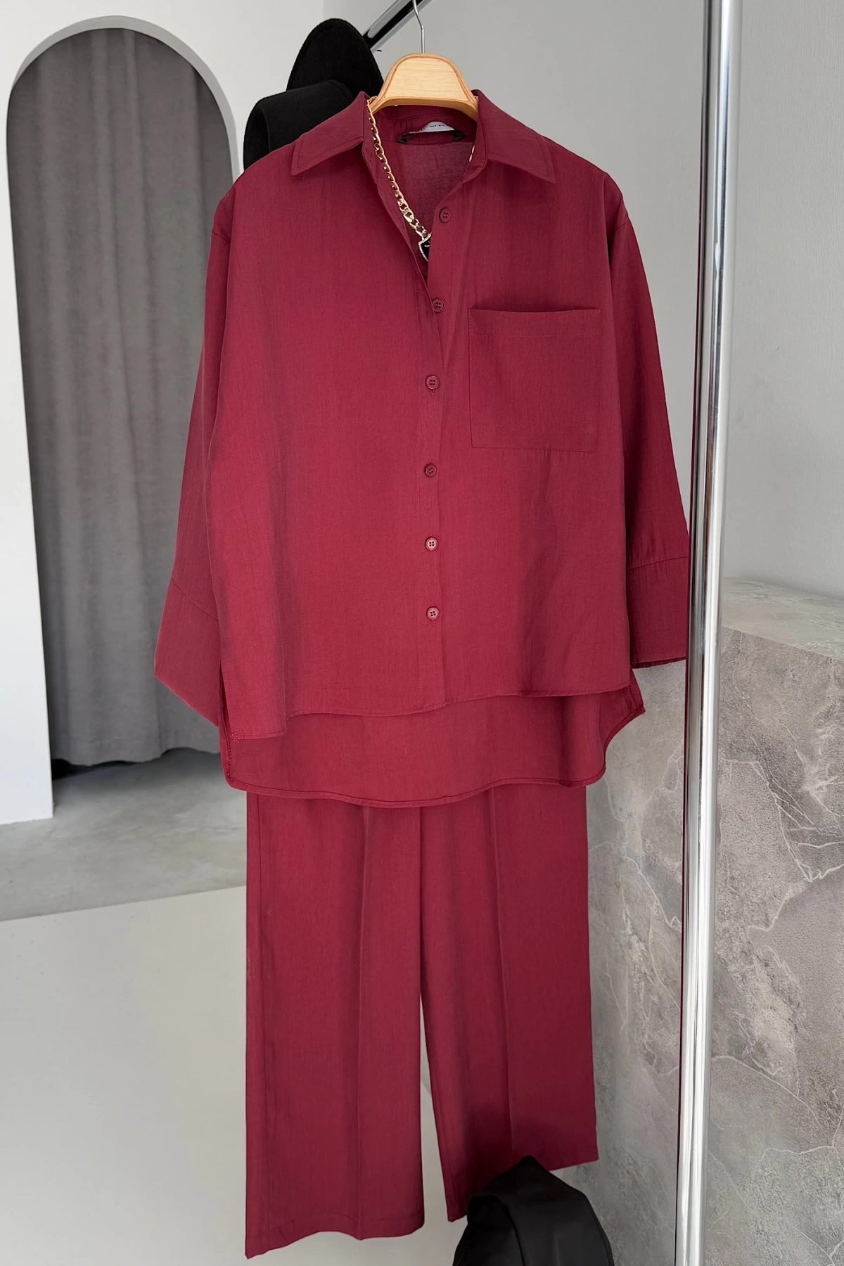 BS Collection Oversize Gömlek Takım Bordo