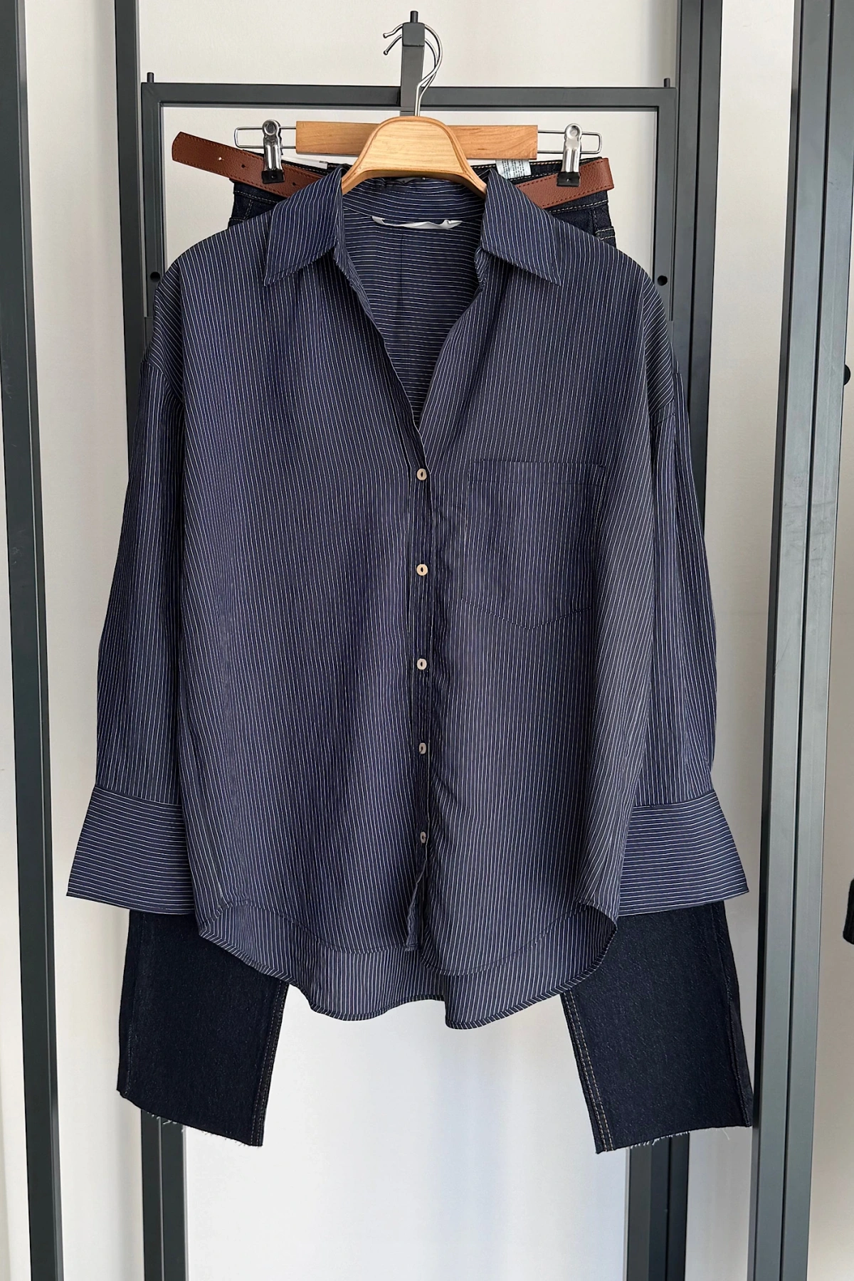 Cepli Çizgili Gömlek Lacivert