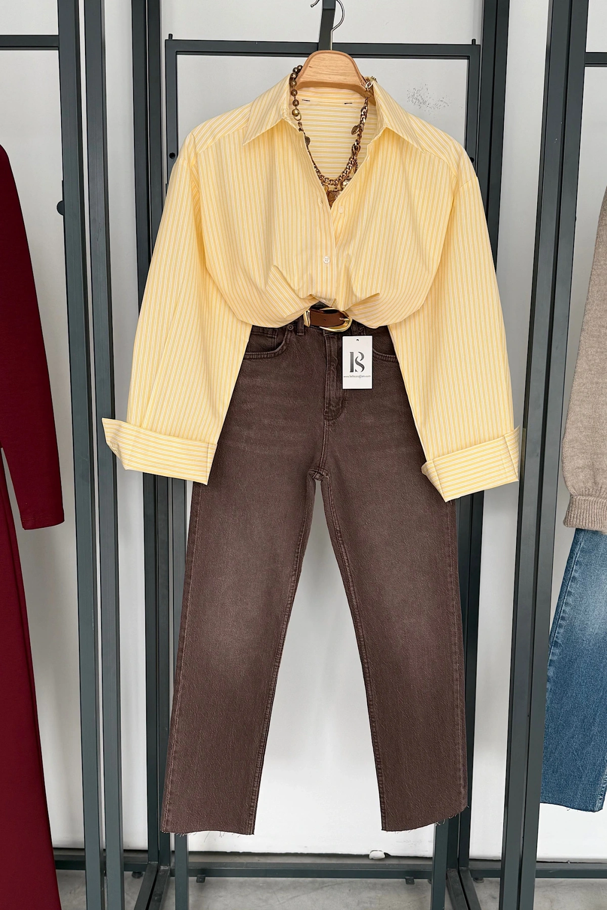 Cepli Çizgili Poplin Gömlek Sarı