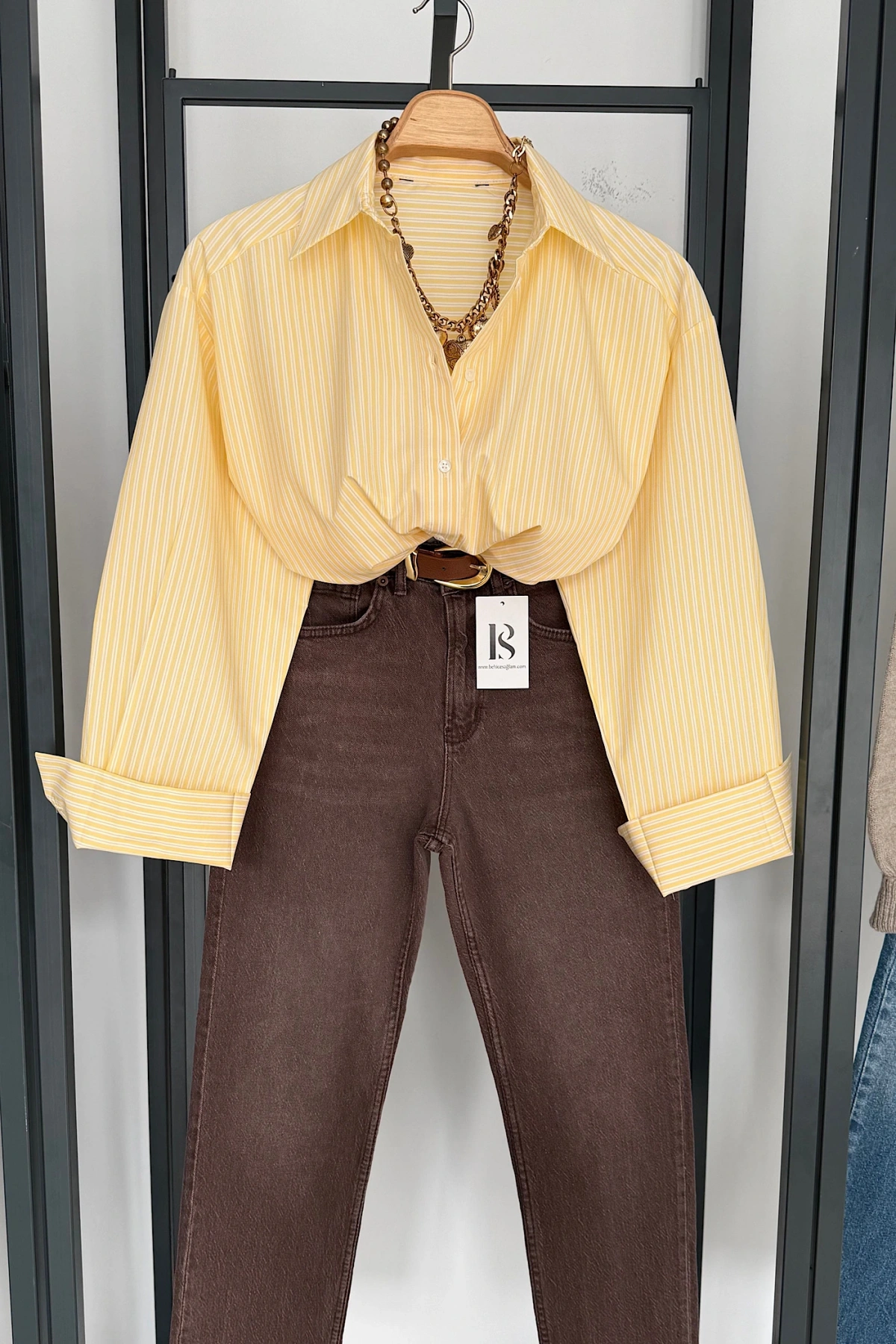 Cepli Çizgili Poplin Gömlek Sarı