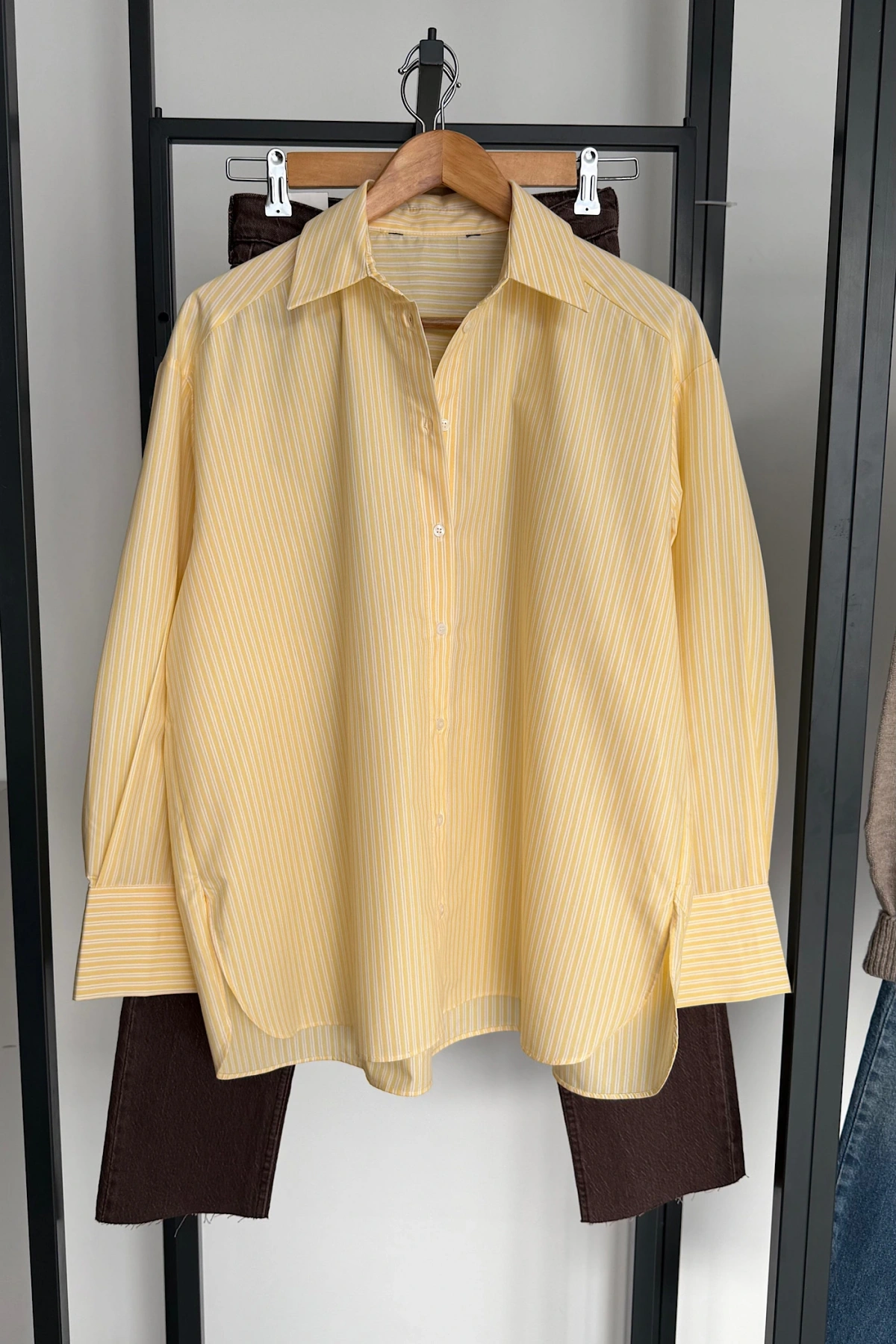 Cepli Çizgili Poplin Gömlek Sarı