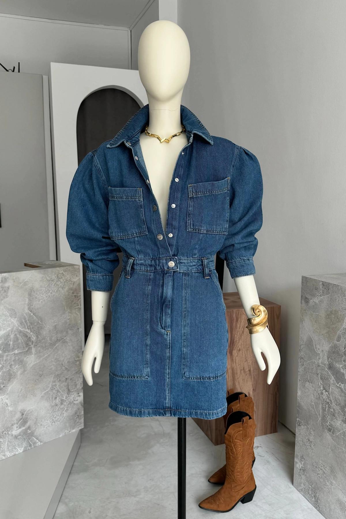 Cepli Denim Elbise Mavi