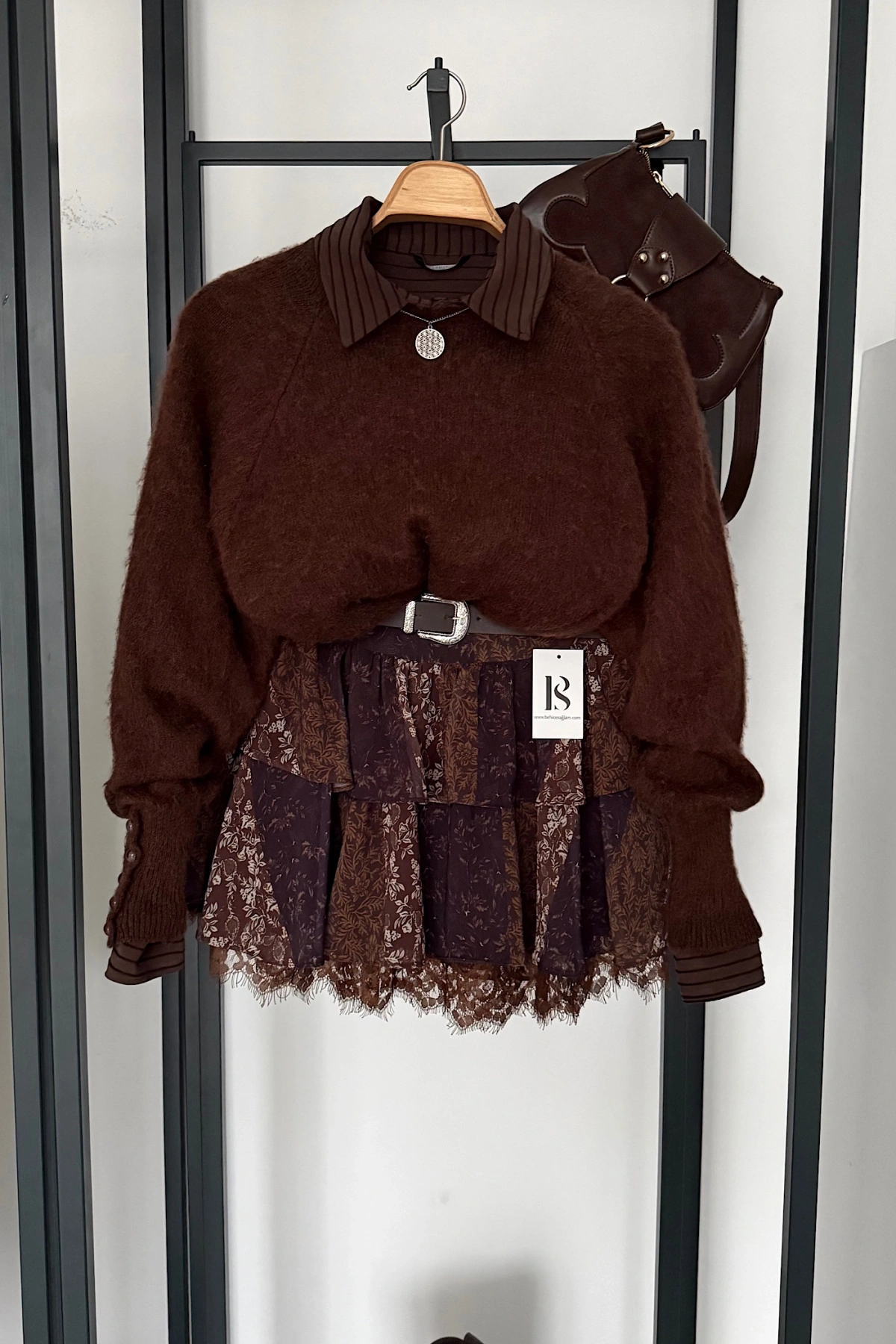 Çiçek Desenli Kendinden Kemerli Etek Kahverengi