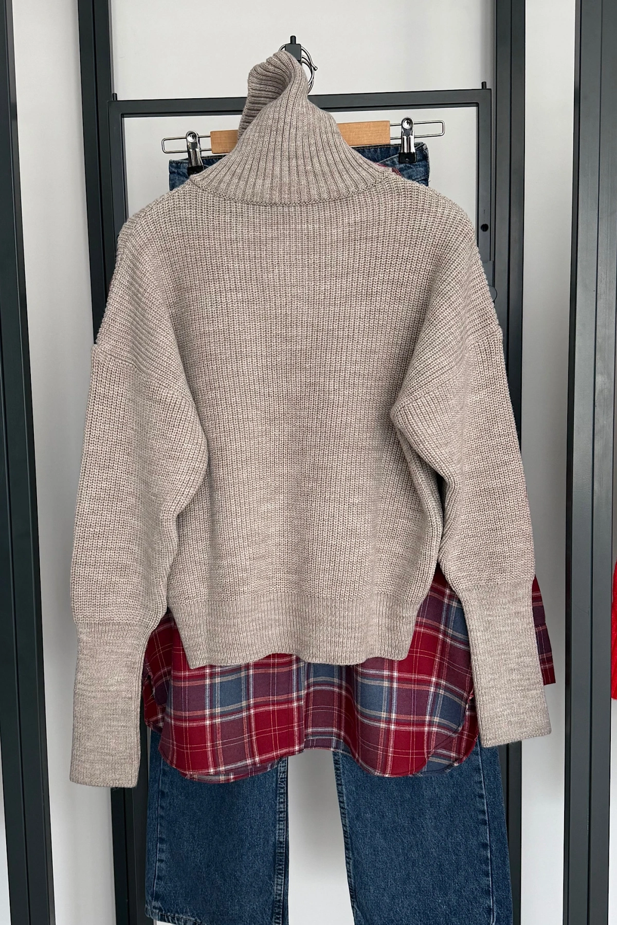 Çift Fermuarlı Hırka Koyu Bej