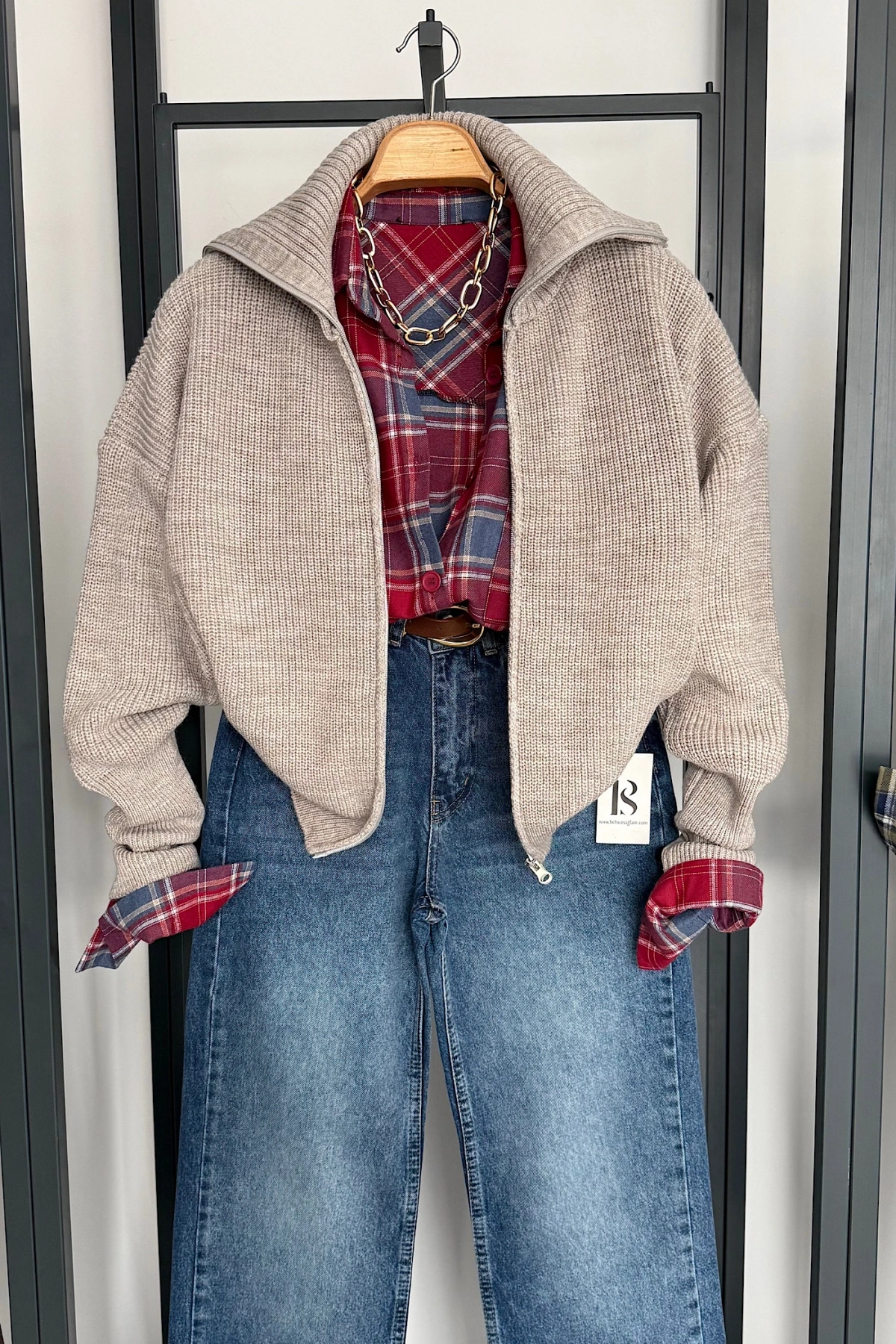 Çift Fermuarlı Hırka Koyu Bej