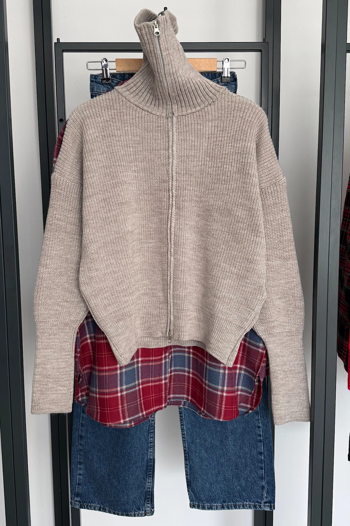 Çift Fermuarlı Hırka Koyu Bej