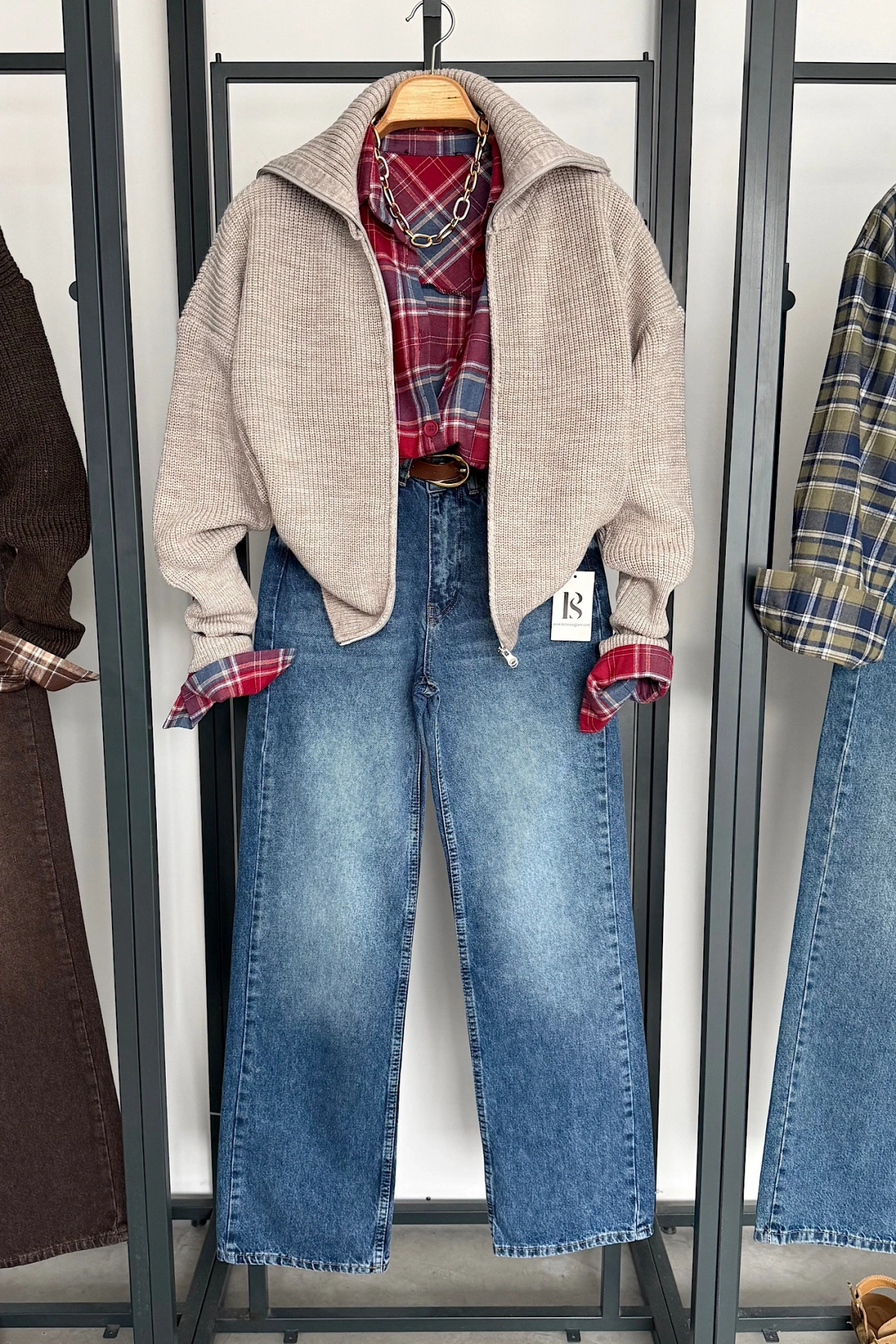 Çift Fermuarlı Hırka Koyu Bej