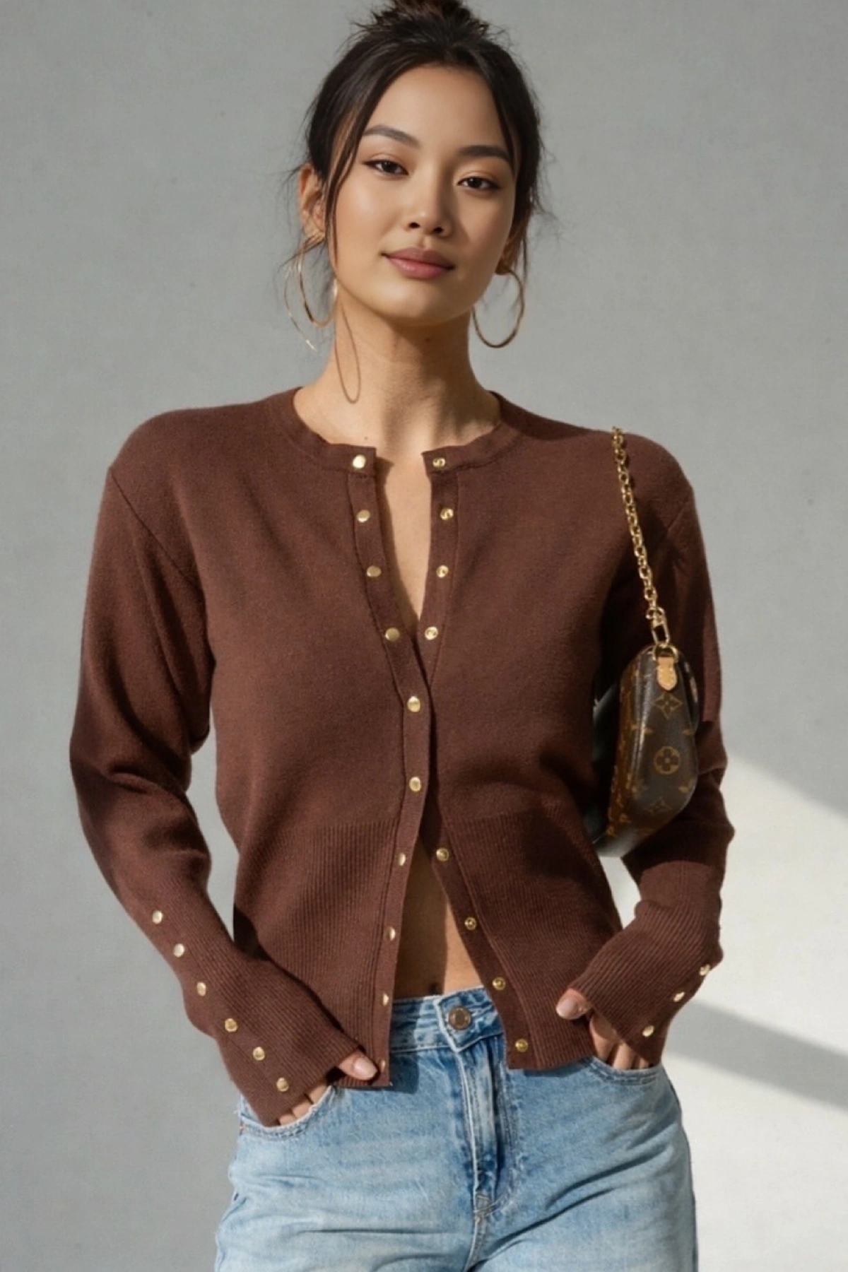 Çıtçıtlı Triko Hırka Kahverengi