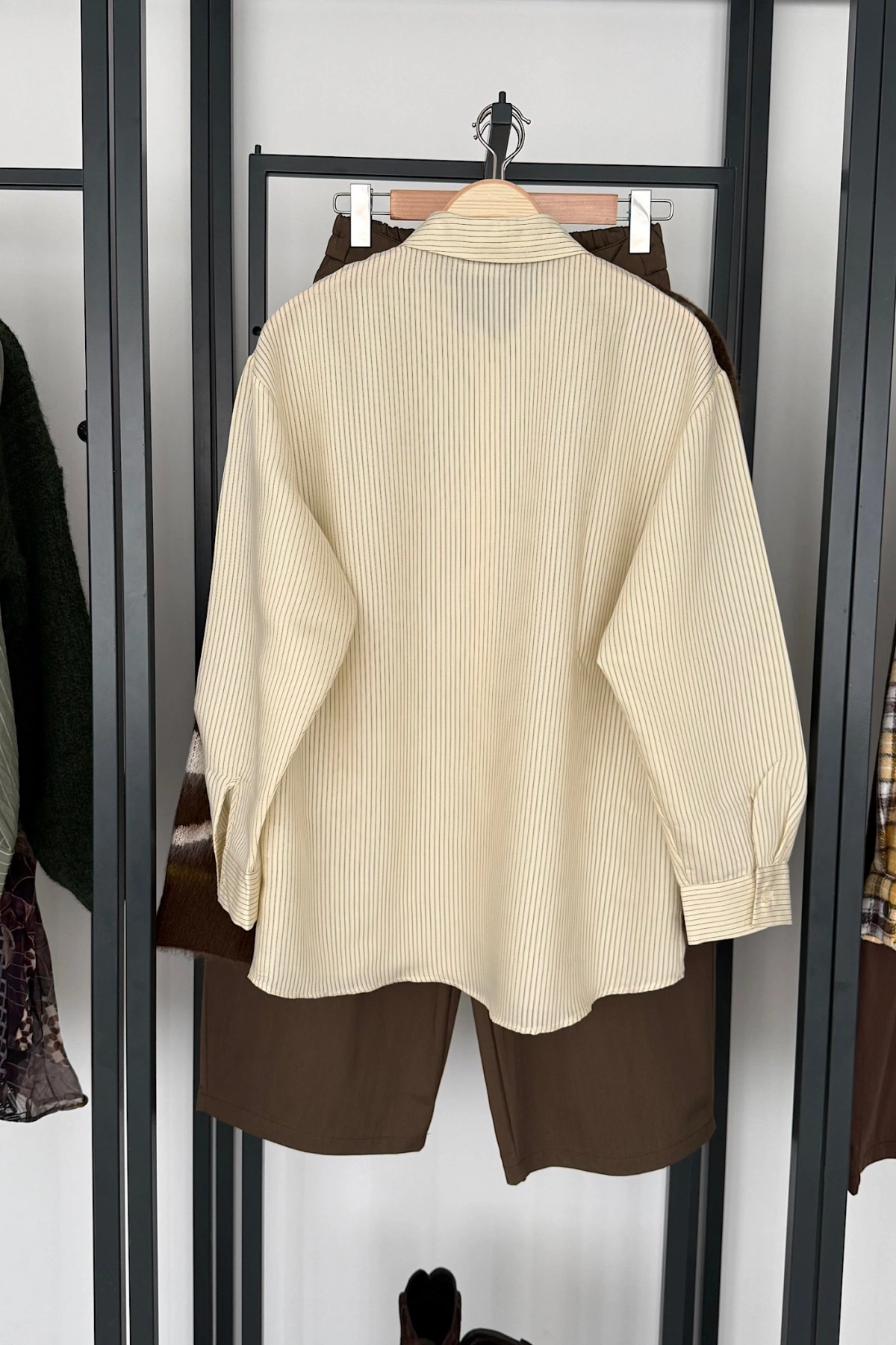 Çizgili Oversize Gömlek Sarı