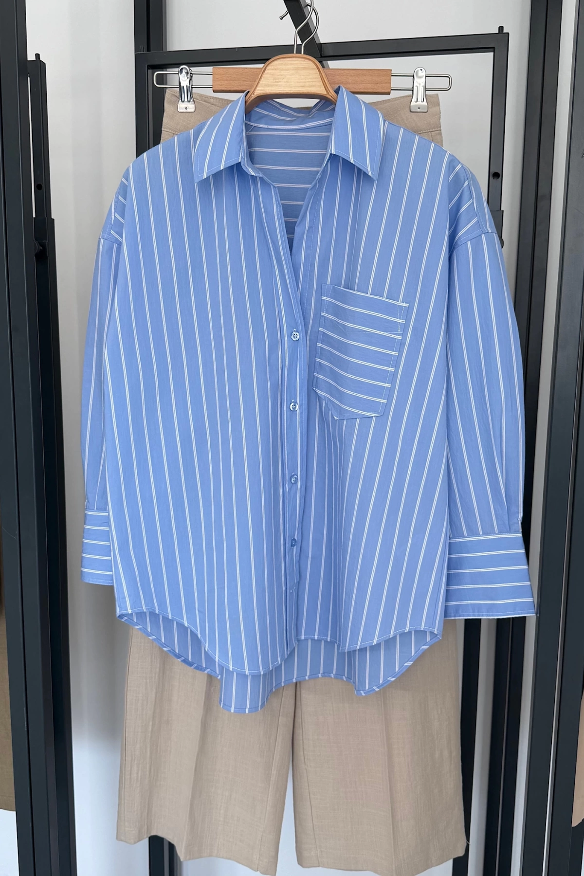 Çizgili Oversize Poplin Gömlek Mavi