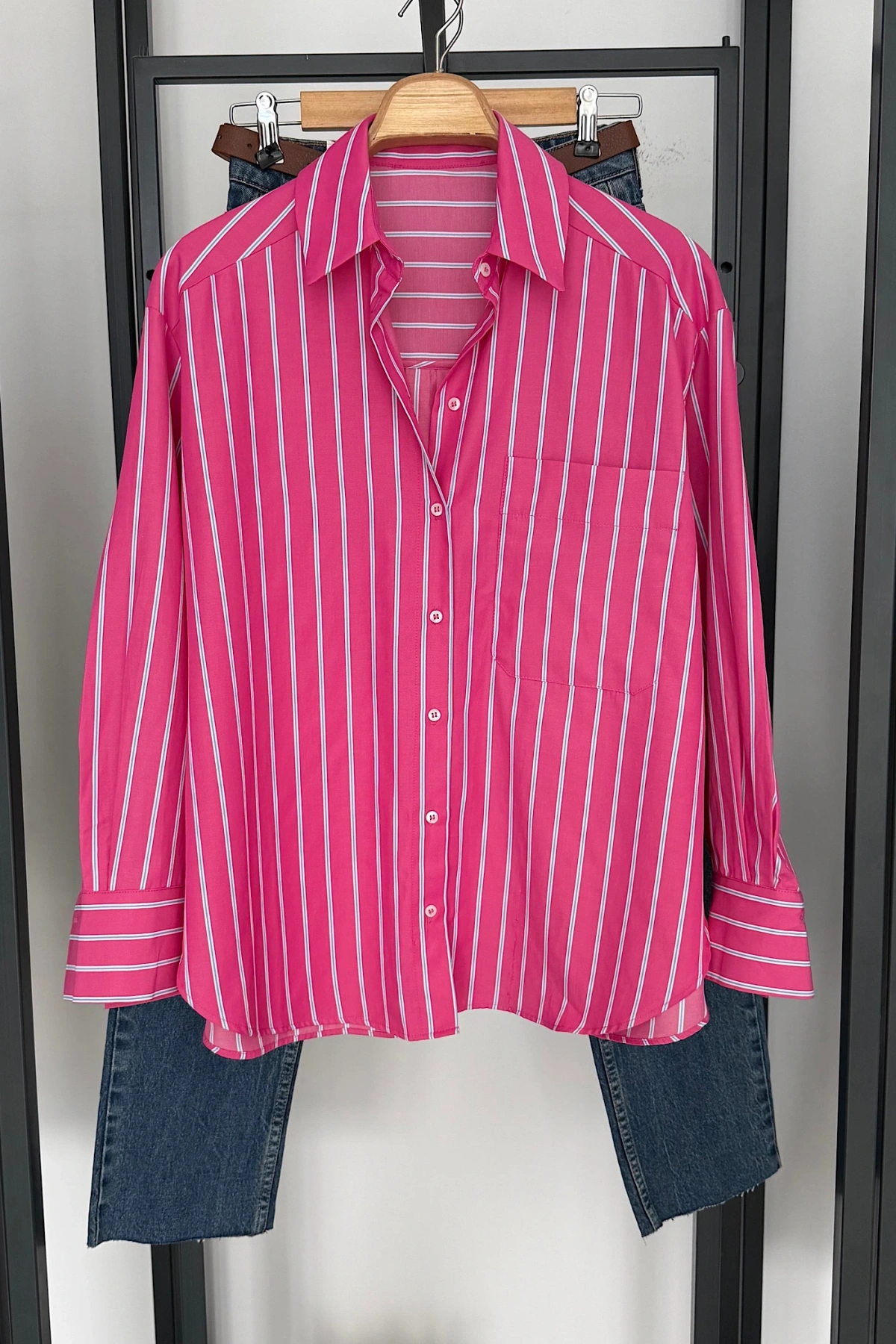 Çizgili Poplin Gömlek Pembe
